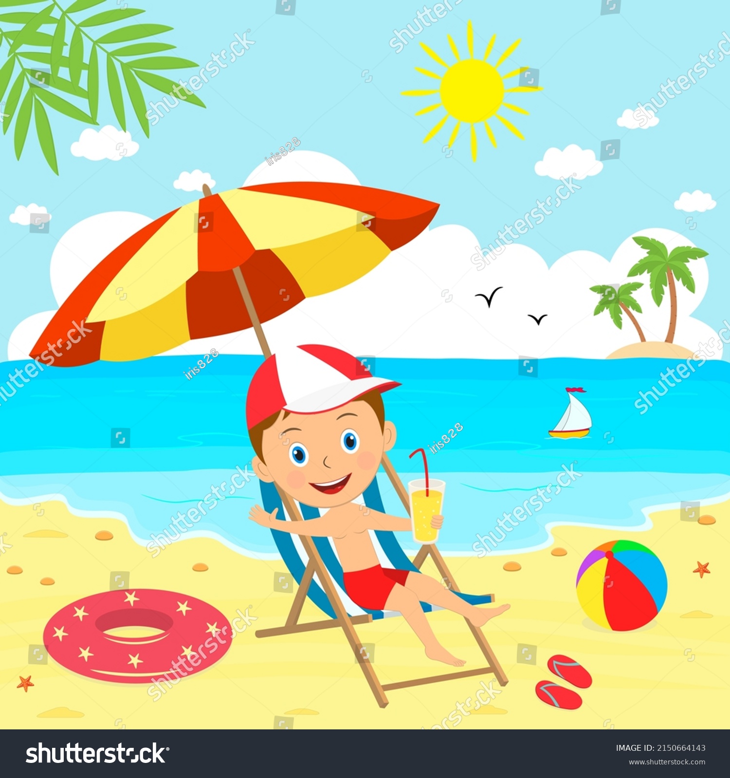 Cute cartoon boy at the beach, illustration - Royalty Free Stock Vector ...