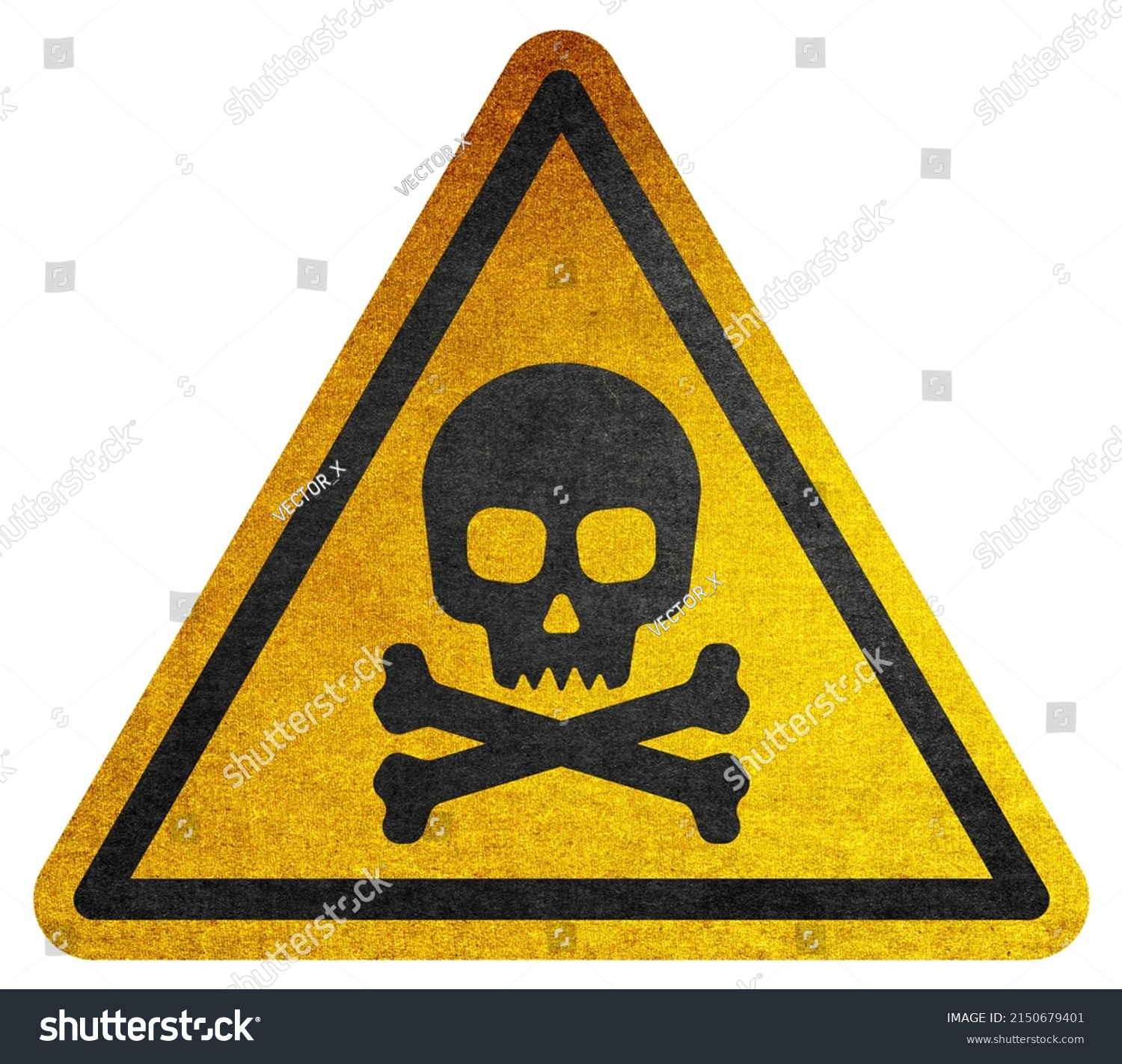 Yellow triangular sign. Grungy style danger sign with skull and cross bones on white background. Rusty. Warning. Caution. Hazard. Danger. Worn out.  #2150679401
