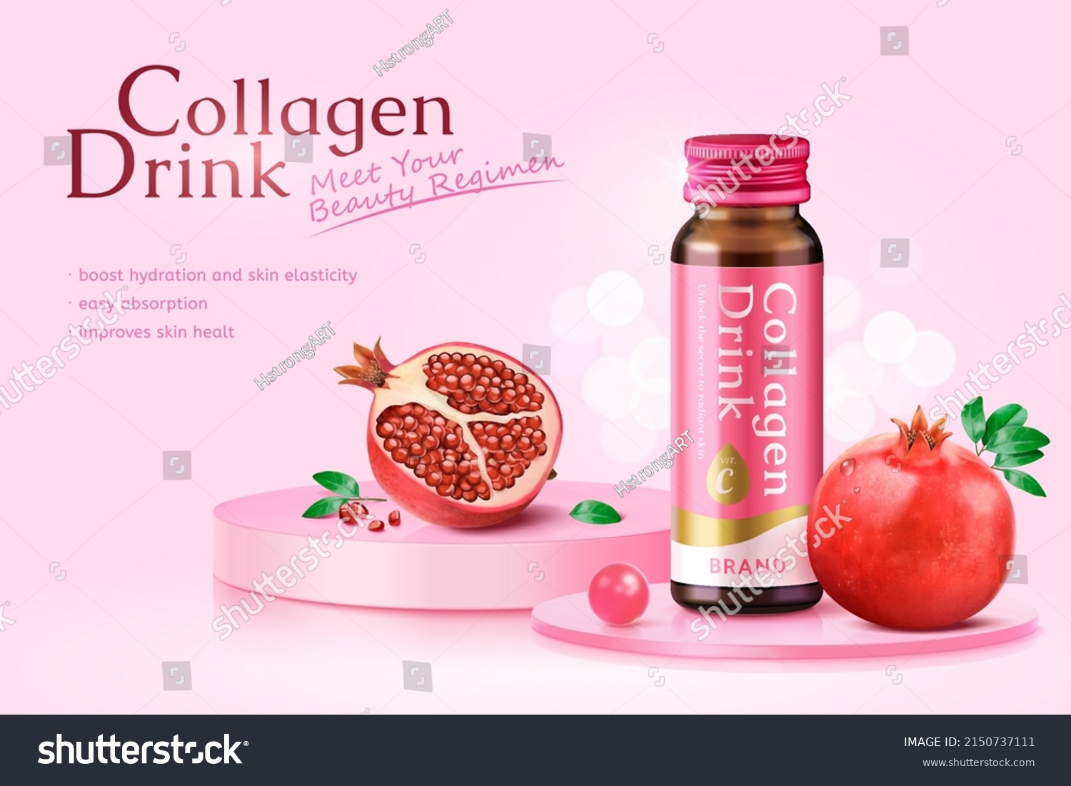 3d pink monotone supplement product ad template. Collagen drink bottle mock-up and fresh pomegranate fruit displayed on glass podiums. #2150737111