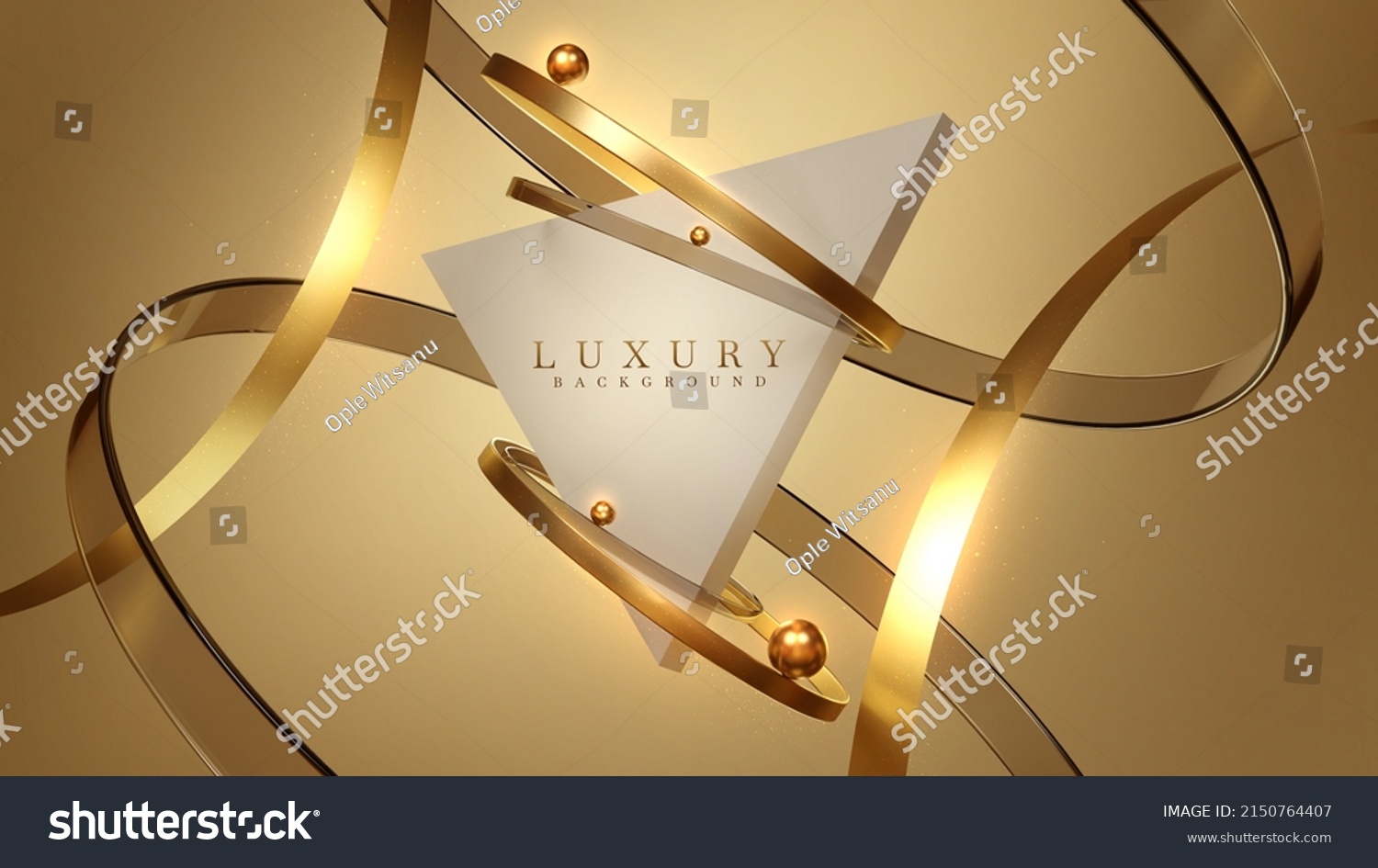 Luxury background with triangle shape frame with gold circle element and ball decoration and glitter light effect. #2150764407