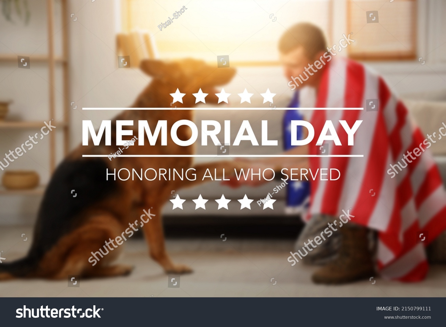 Text MEMORIAL DAY. HONORING ALL WHO SERVED against blurred American soldier and military dog #2150799111