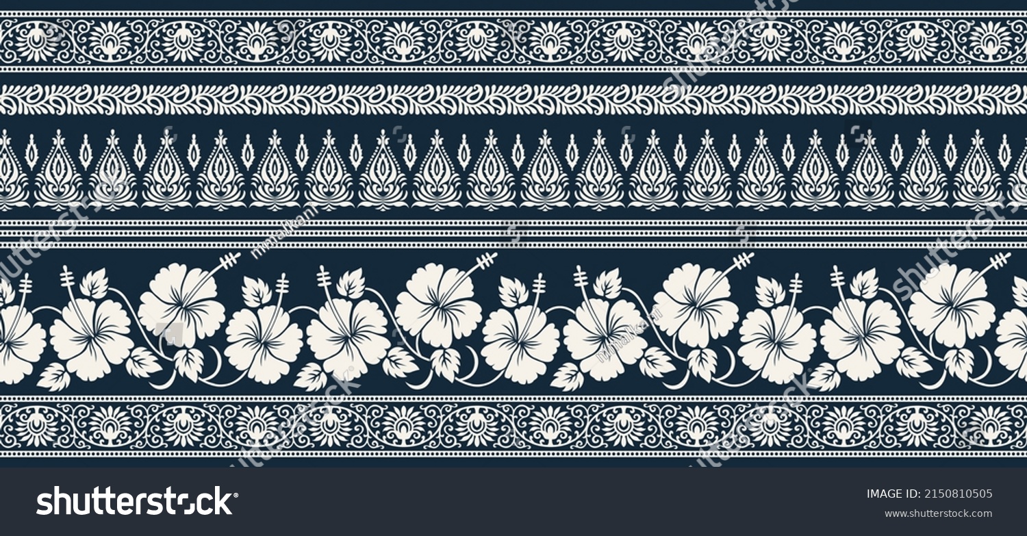 Hibiscus flower border with traditional Asian design elements #2150810505