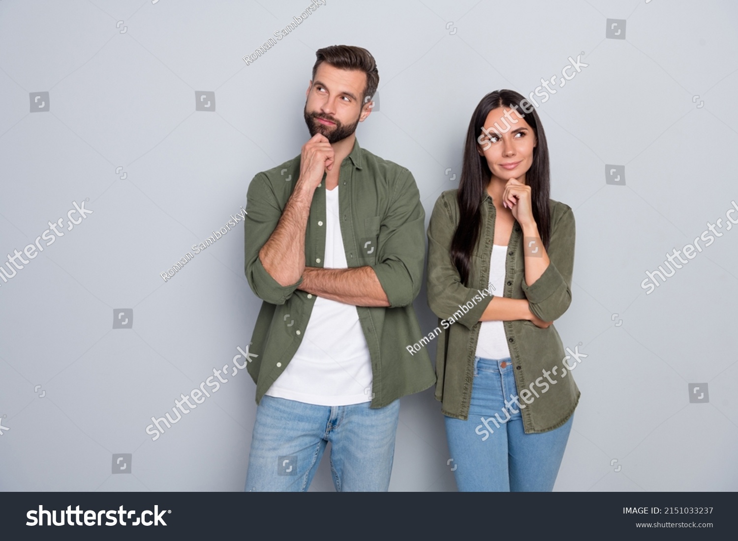 Photo of young husband wife think plan minded look empty space wonder trust isolated over grey color background #2151033237