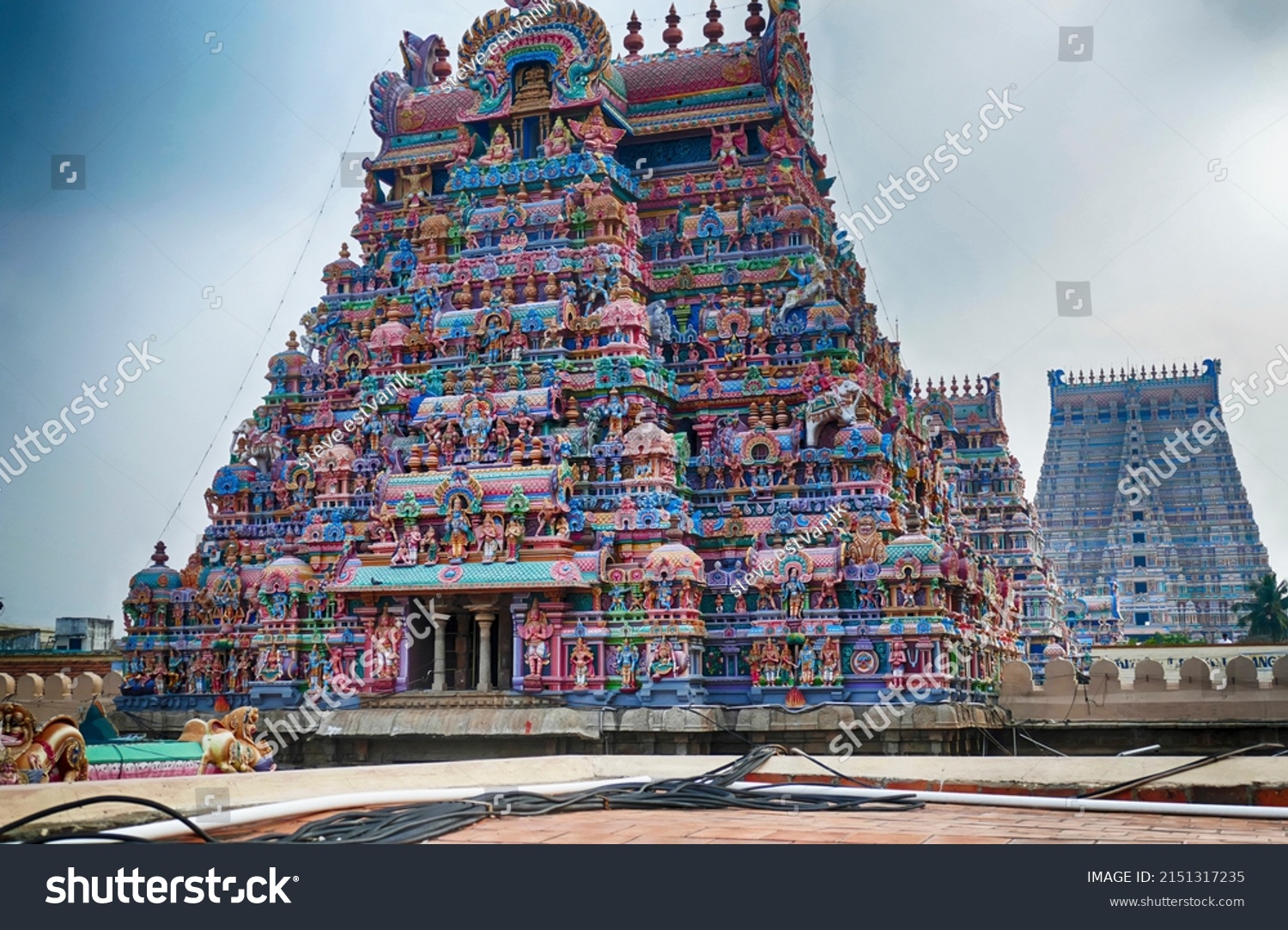 Multi colored gods and goddesses adorn the gopuram of the 17th century Ranganatha Vishnu Temple, Tanjore, Tamil Nadu , India #2151317235