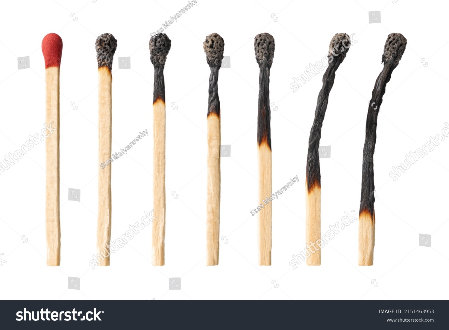 Burnt matches isolated on white. Box of matches. Different stages of match burning Burnt matches. Full depth of field. #2151463953