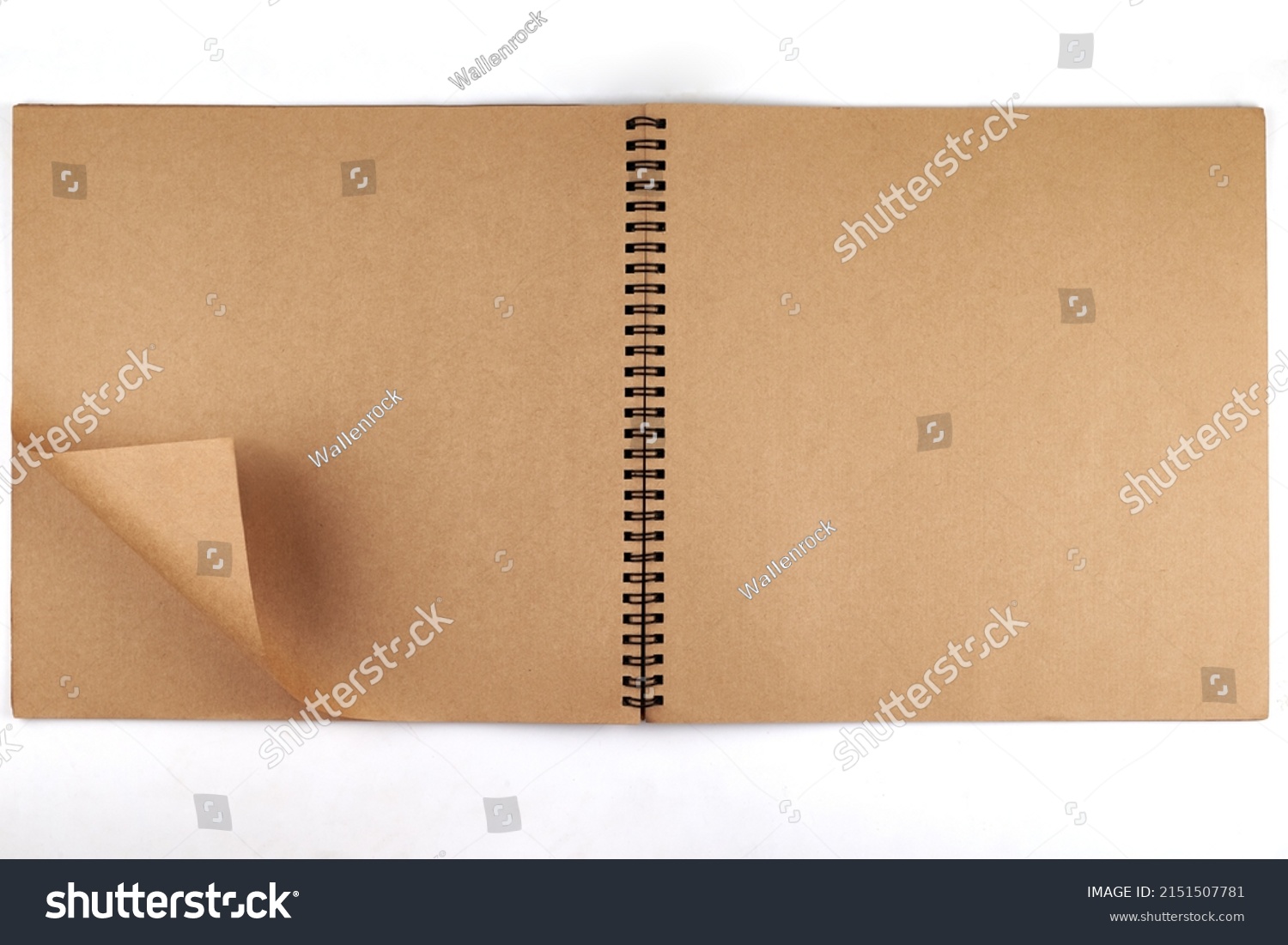 Opened album with sepia flipped pages and metal binding isolated on white background. #2151507781