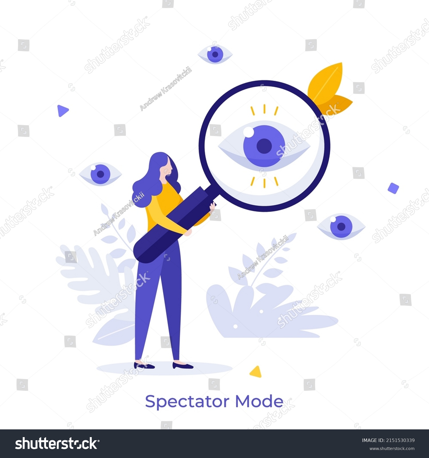 Woman looking at eye through magnifying glass. Concept of spectator or observer mode, privacy option, setting to disguise internet presence. Modern flat vector illustration for banner, poster. #2151530339