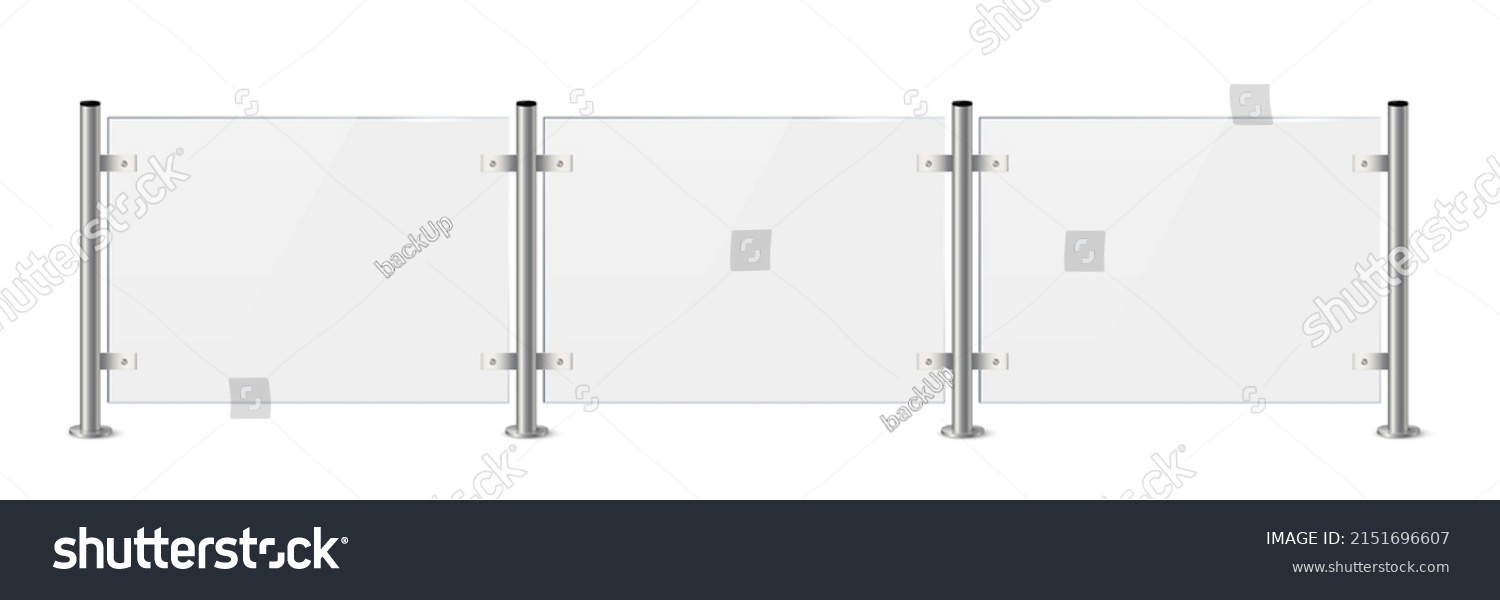Glass or plexiglass fence with banisters. Architectural guardrail for balcony or office terrace vector illustration. Realistic modern decoration front view on white background #2151696607