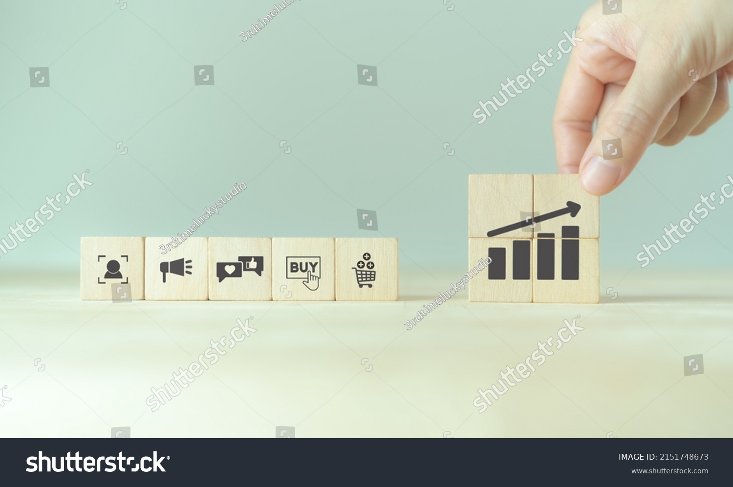 Growth of sales, marketing strategies concept. Data analytics for achieving business growth target. Increase sales in online store, e-commerce. Placing wooden cubes with sales growth. Postive progress #2151748673