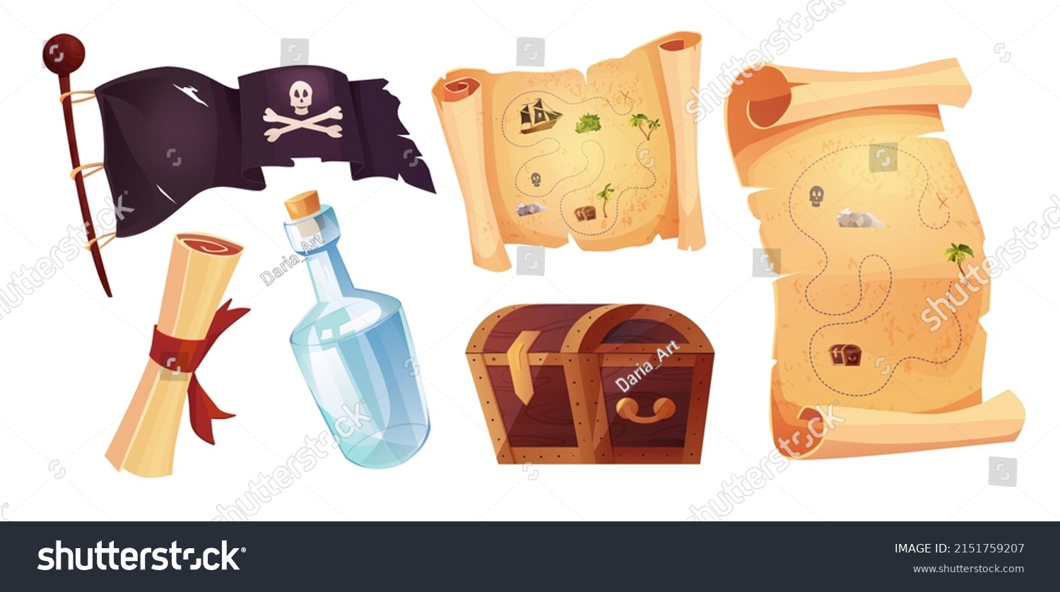 Pirates set icons in cartoon style. Flag with white skull and crossing bones. Waving black flag. Ancient parchment pirate's treasure map, bottle, paper with vintage texture. Chest.  #2151759207