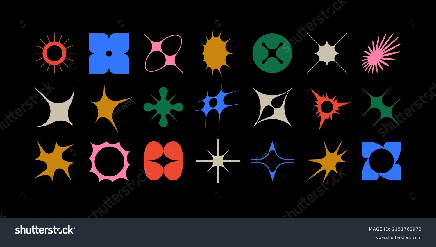 Set of geometric logos space explosion, dazzling flash. Modern bold brutalist objects and shapes of the sun and stars. Colorful minimalistic figures silhouettes. Contemporary design. #2151762973