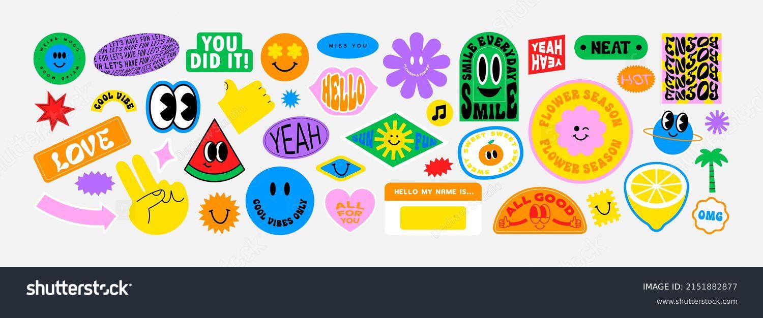 Colorful happy smiling face label shape set. Collection of trendy retro sticker cartoon shapes. Funny comic character art and quote sign patch bundle. #2151882877