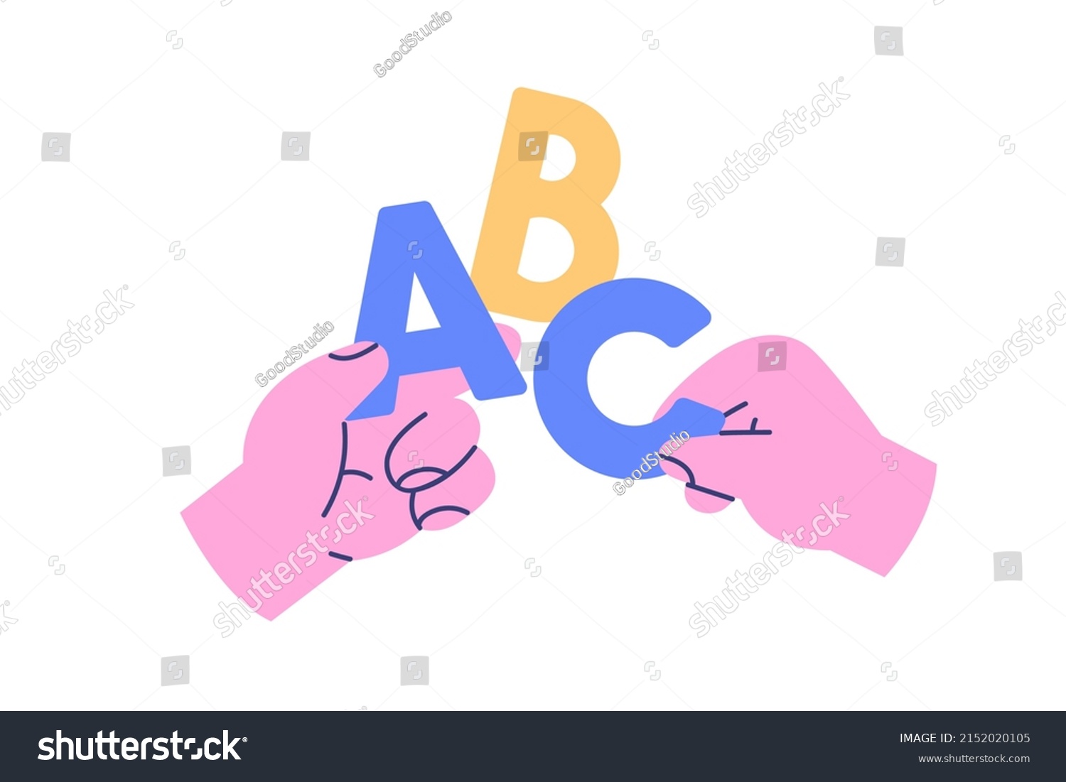 ABC, basic alphabet letters in hands icon. Arms holding A, B, C for kids education, learning, studying. Easy elementary for beginners. Flat graphic vector illustration isolated on white background #2152020105