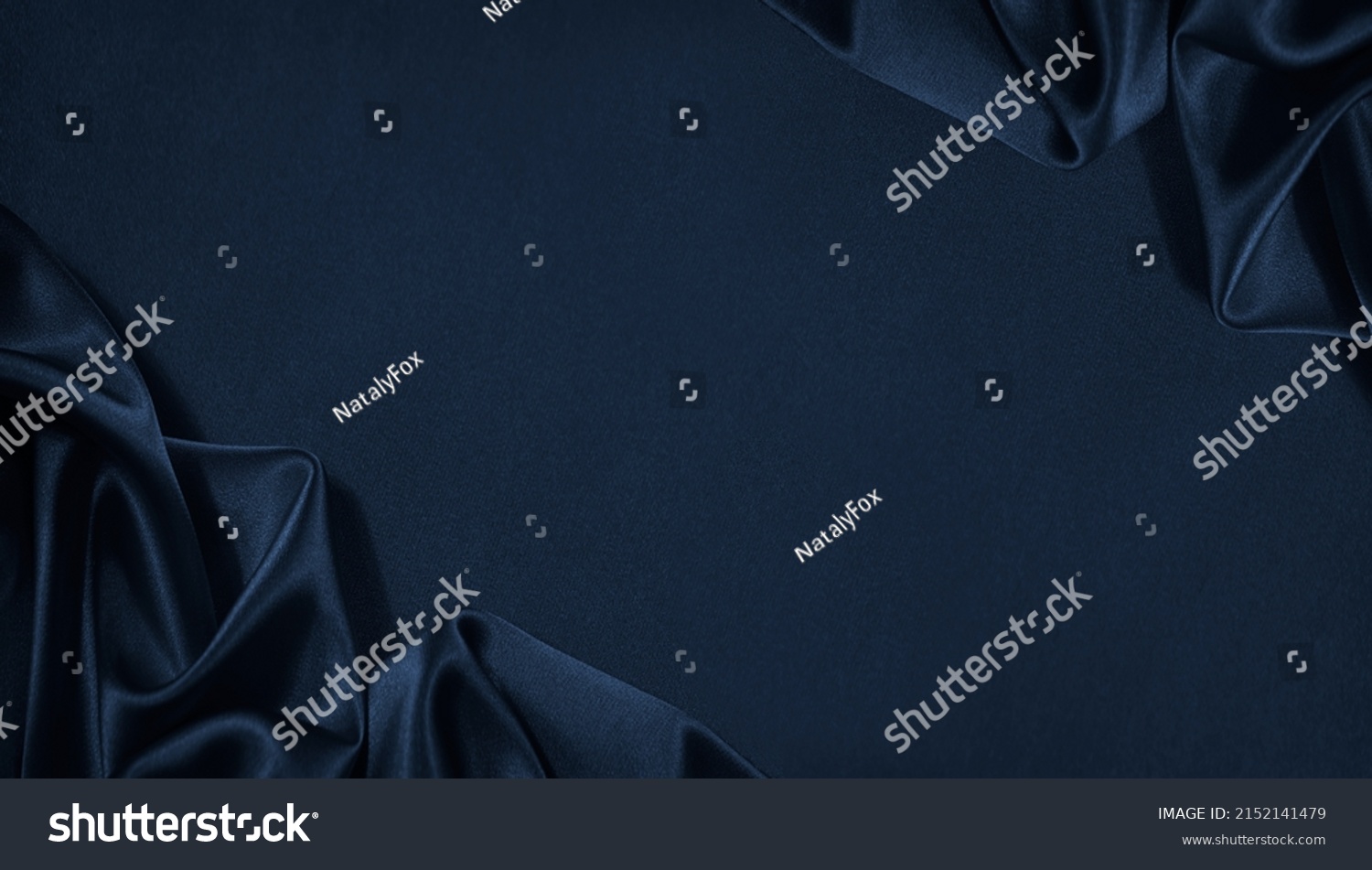 Beautiful dark blue silk satin background. Soft folds on shiny fabric. Luxury background with space for design. Web banner. Flat lay, Table top view. Christmas, Valentine's Day. #2152141479