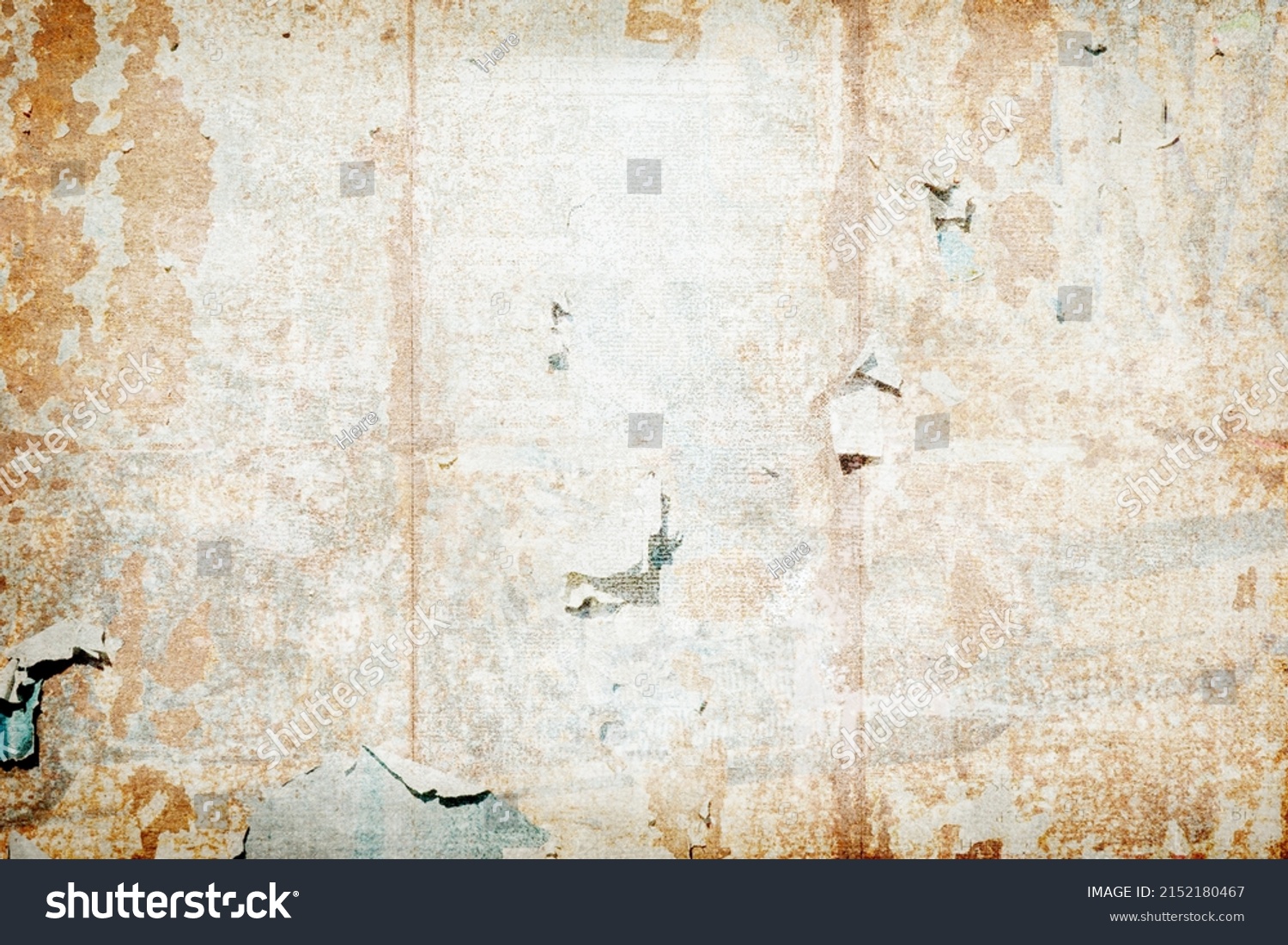 OLD PAPER TEXTURE, TORN WALLPAPER PATTERN, VINTAGE POSTER WALL DESIGN, DRTY SCRATCHED TEXTURED WALLPAPER TEMPLATE WITH FADED WHITE SPACE FOR TEXT, RETRO DESIGN #2152180467