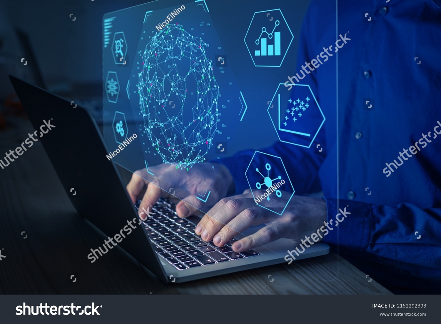 Big data and analytics visualization technology with scientist analyzing information structure on screen with machine learning to extract predictions for business, finance, internet of things #2152292393