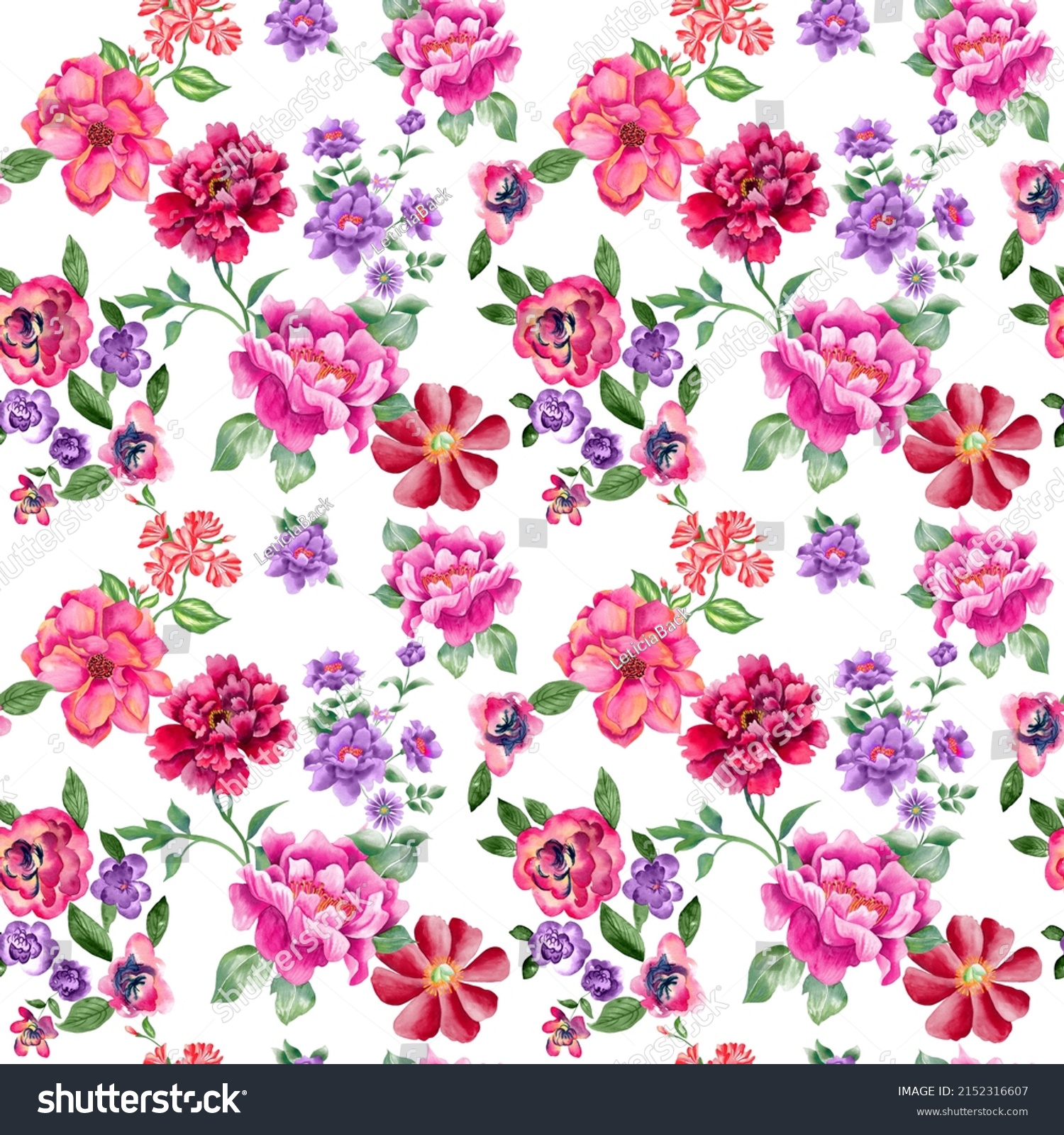 Watercolor flowers pattern, purple and pink tropical elements, green leaves, white background #2152316607