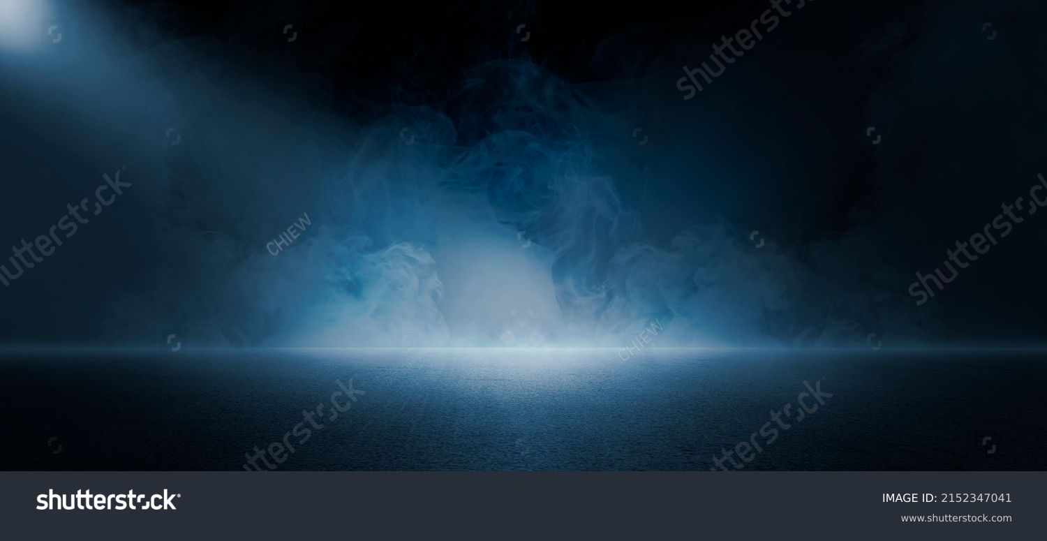 The dark stage shows, dark blue  background, an empty dark scene, neon light, spotlights The asphalt floor and studio room with smoke float up the interior texture for display products #2152347041