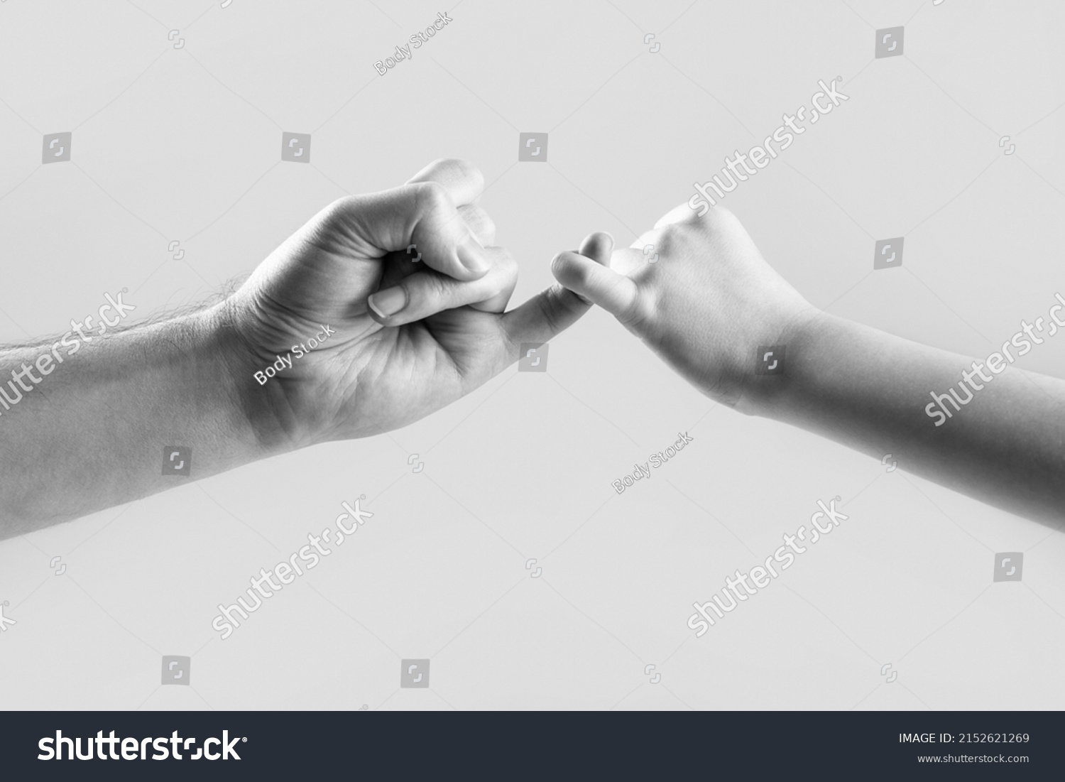 Show friendship and forgiveness. Friendship of generations. Father, daughter hand making promise friendship concept. Child hook little finger together. Black and white. #2152621269
