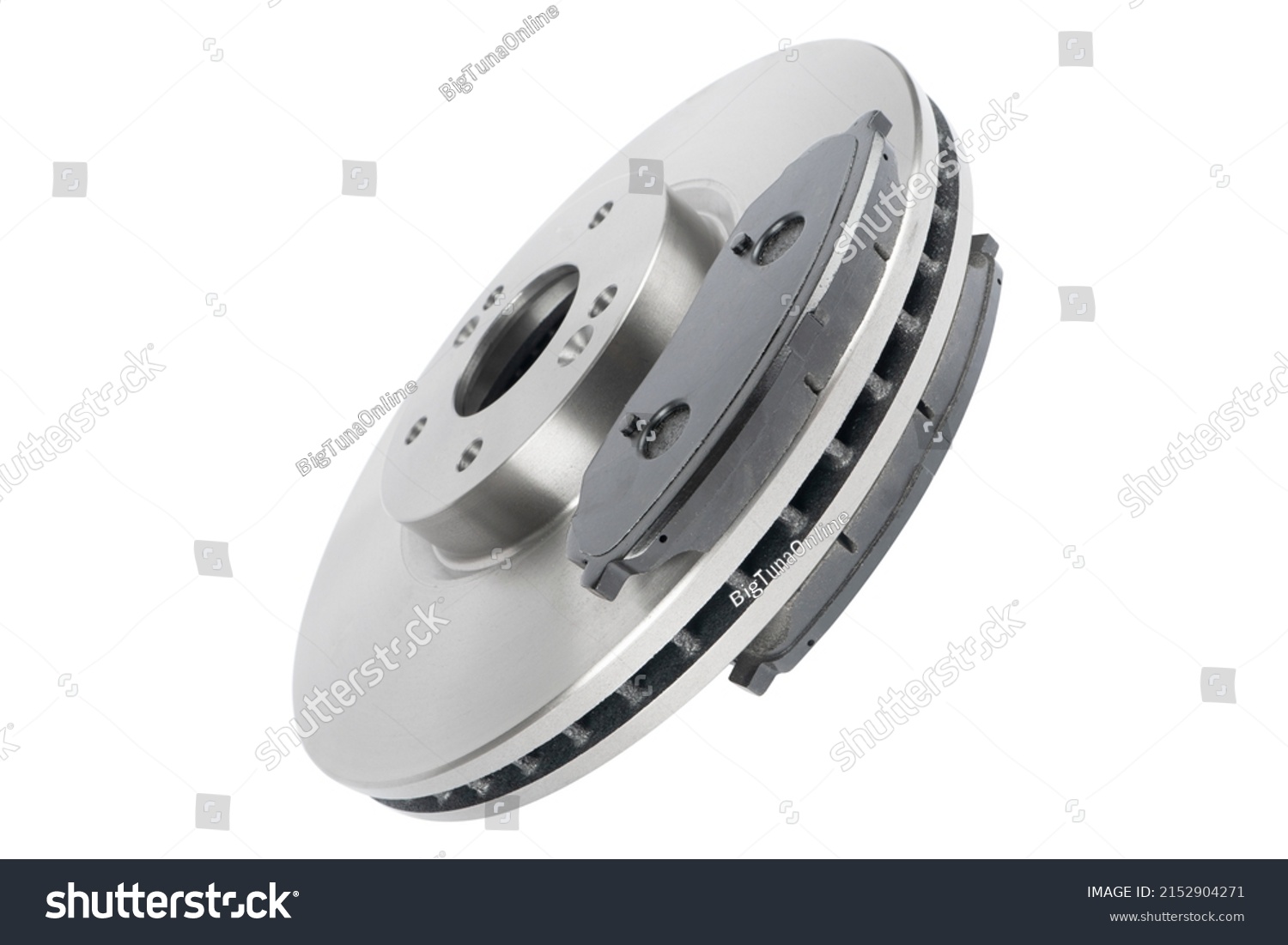 Brake discs and brake pads isolated on white background. Auto parts. Brake disc rotor isolated on white. Braking disk. Car part. Car detailing. Spare parts. #2152904271