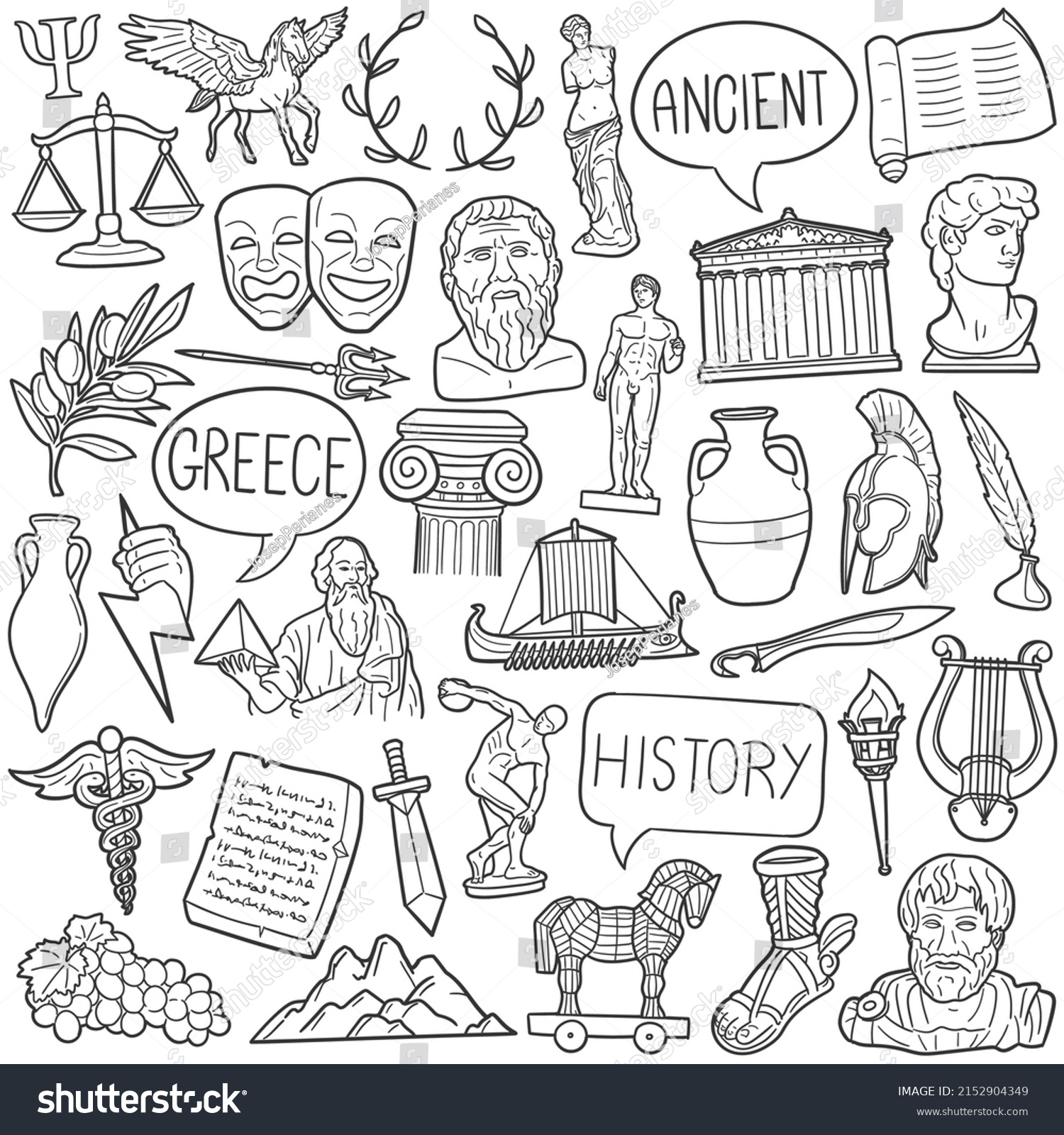 Classical Antiquity Doodle Icons. Hand Made Line - Royalty Free Stock ...