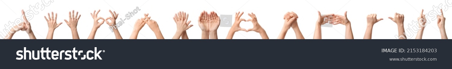 Set of hands showing different letters and gestures on white background #2153184203
