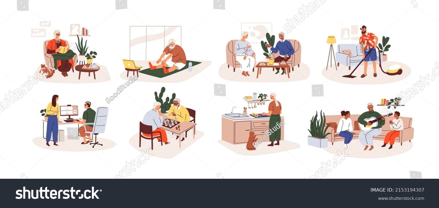 Elder people at home set. Old men and women daily life, leisure and household activities, hobbies. Happy modern senior males, females indoors. Flat vector illustrations isolated on white background #2153194307