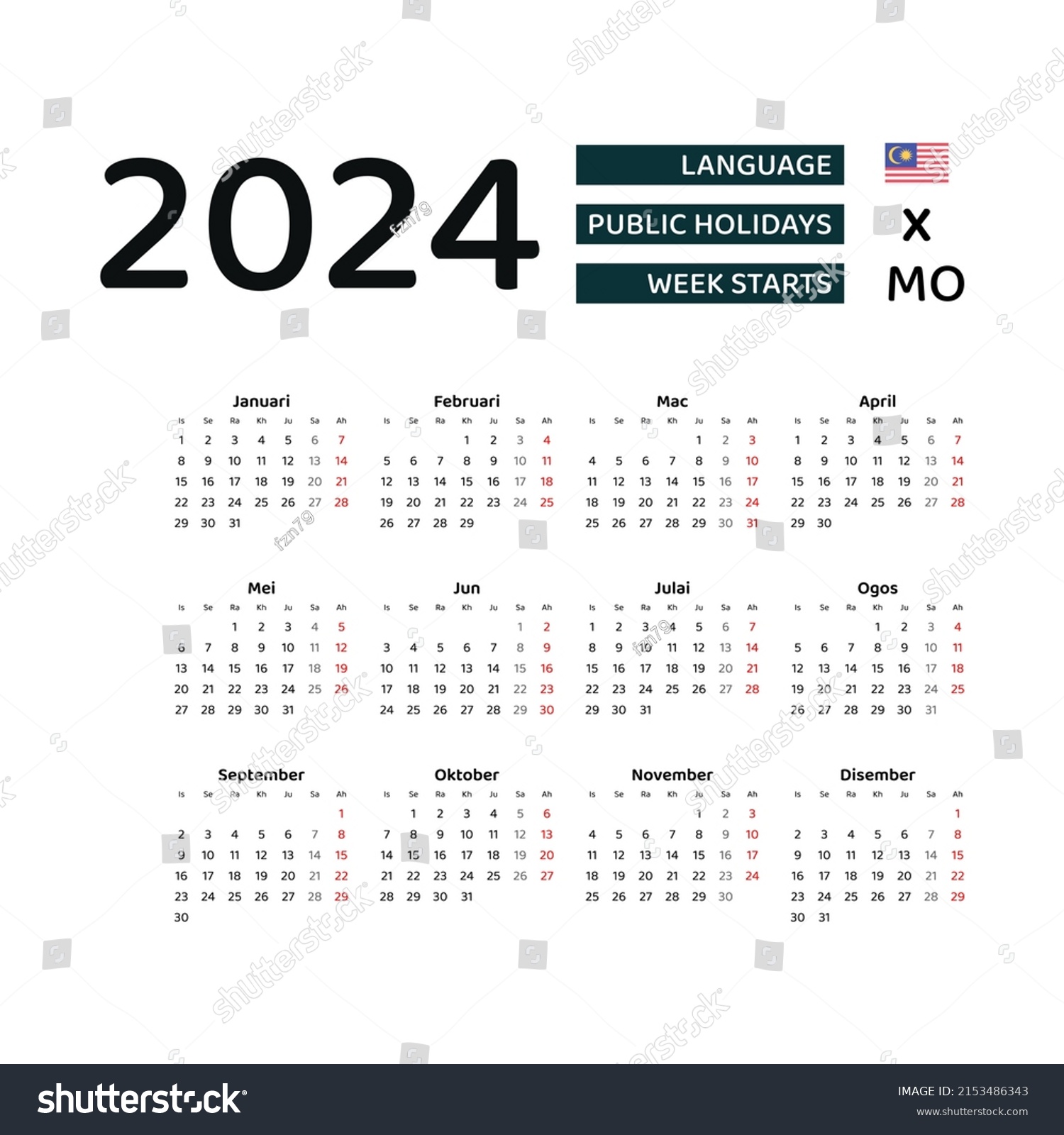 Malaysia Calendar 2024. Week starts from Monday. Royalty Free Stock