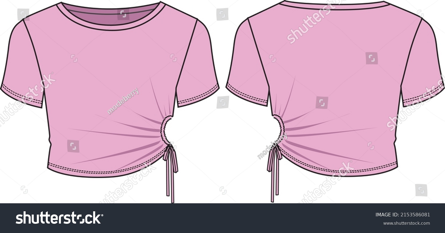 Women's Knot Side Detail Top- Jersey top technical fashion illustration. Flat apparel jersey top template front and back, colored. Women's CAD mock-up. #2153586081