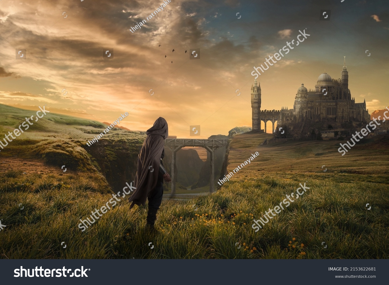 hooded man looking at the fantasy landscape castle #2153622681