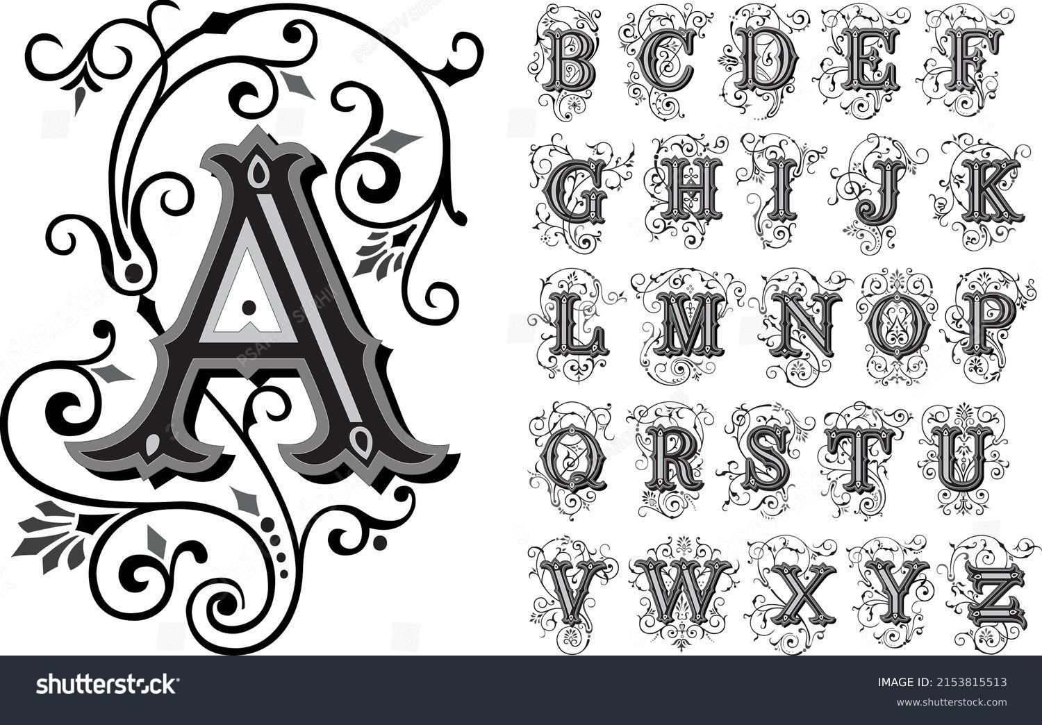 Vintage decorative font, alphabet, vector set of hand drawn decorative alphabet initial letters. Luxury beautiful royal font design for card, invitation, monogram, logo #2153815513