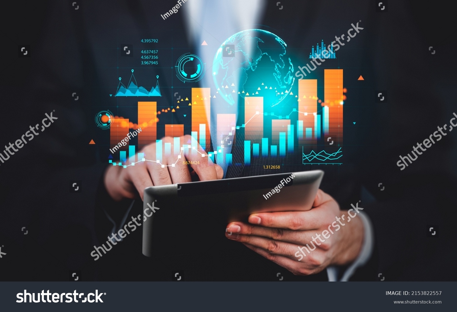 Businessman finger touch tablet in hands. Stock market diagrams, hologram with earth globe, numbers. Colorful chart with dynamic changes. Concept of forex. #2153822557