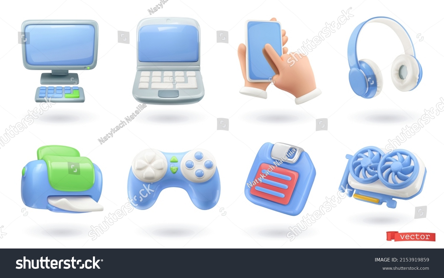 Computer devices 3d render vector icon set. Computer, laptop, smartphone, headphones, printer, game console, floppy disk, video card #2153919859