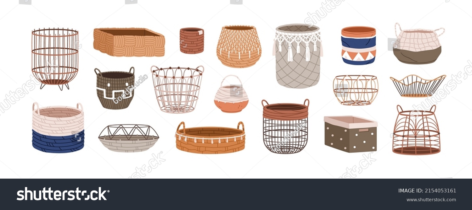 Woven wicker baskets set. Trendy interior basketry designs from rattan, fabric rope, jute. Empty storage boxes of different shape, size. Flat graphic vector illustrations isolated on white background #2154053161