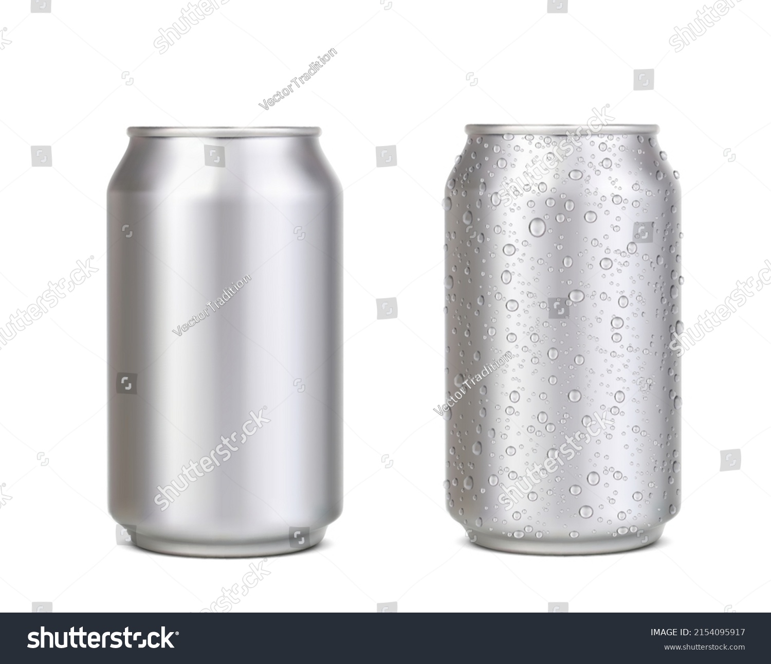 Realistic can with water drops, silver beer, soda, lemonade, juice or coffee and energy drink can, vector mockup. Aluminium can with water drops or aluminum tin bottle of beverage, isolated 3d object #2154095917