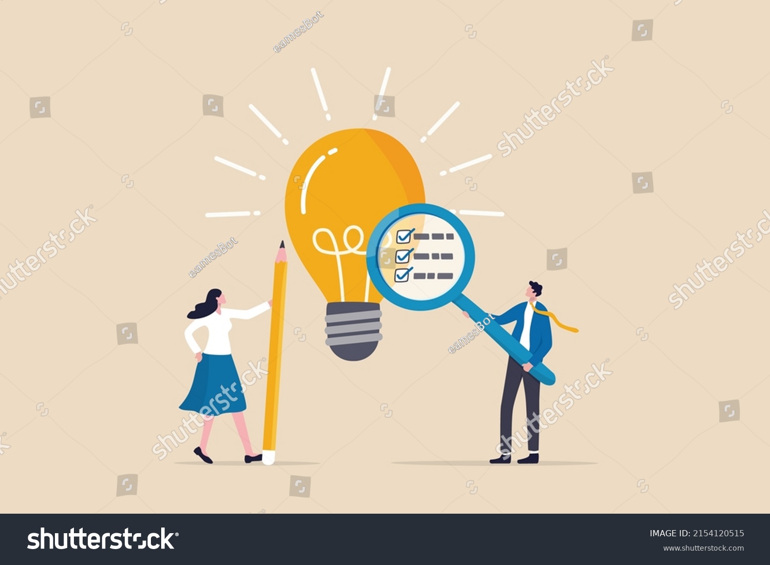 Business viability checking, feasibility study by market research to see possibility to success in real world, evaluate profitable of business idea, businessman with magnifier analyze lightbulb idea. #2154120515