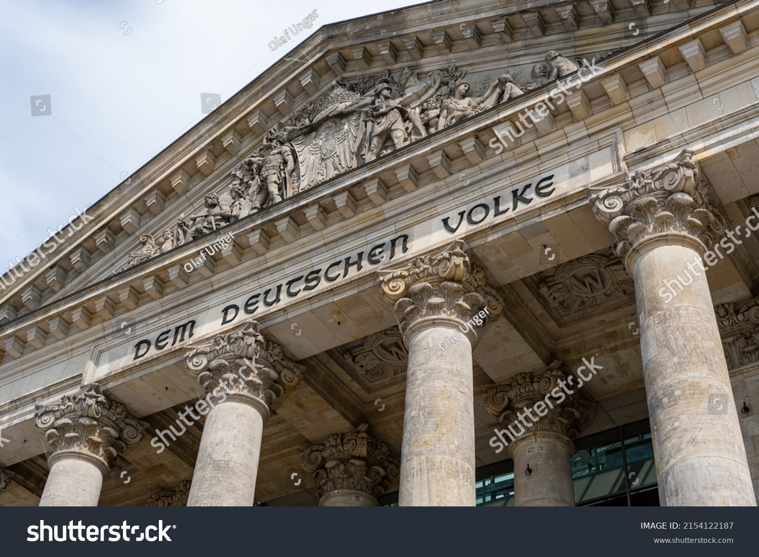 The Reichstag building (Bundestag) in Berlin, Germany, meeting place of the German parliament: The inscription says: Dem Deutschen Volke - To the German people #2154122187
