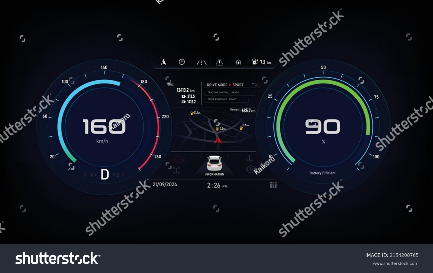 EV Car panel, Electric vehicle car dashboard design element elegant and simple style for alternative sustainable clean power and futuristic transport concept, Circle speedometer of the car #2154208765