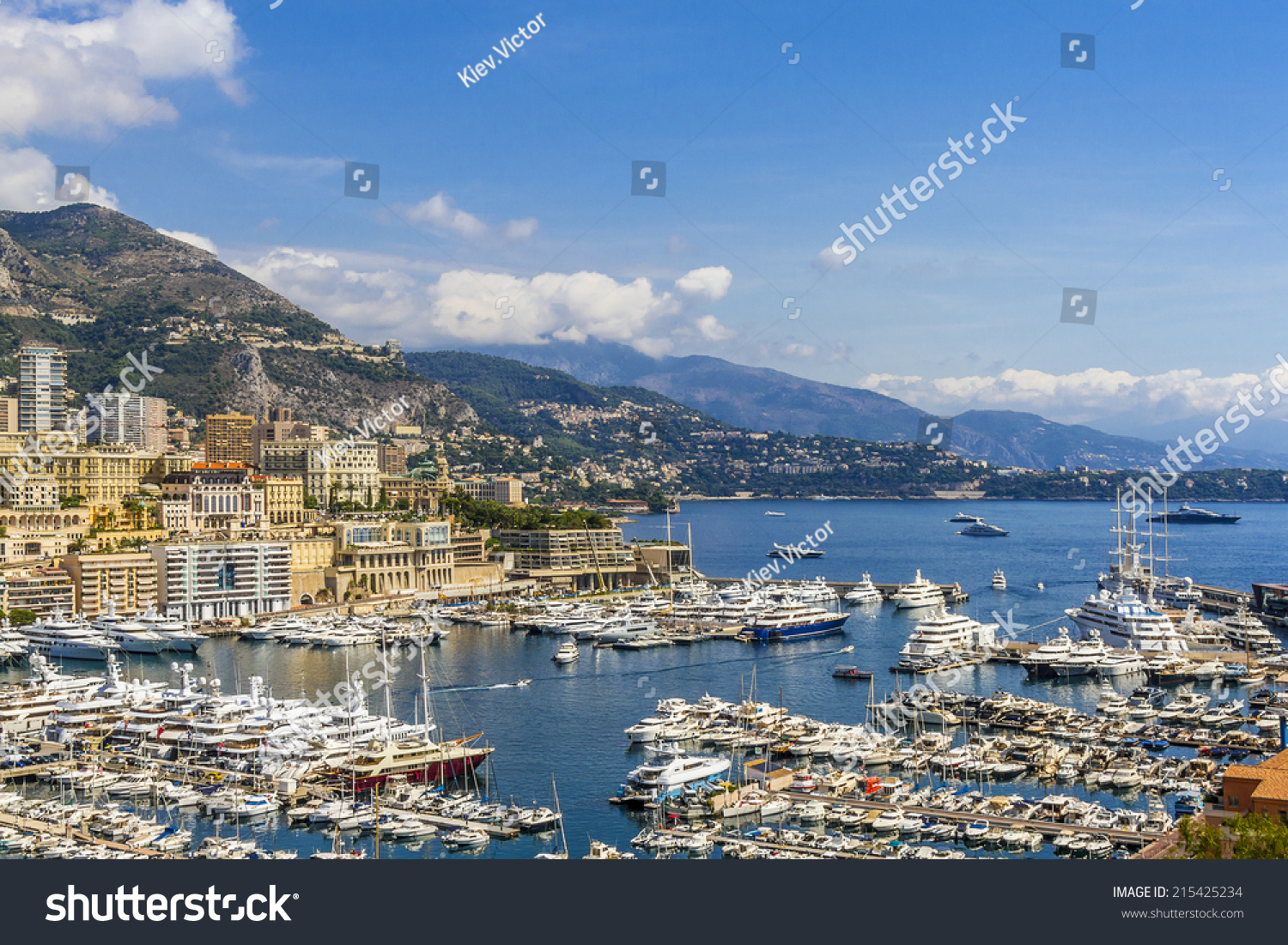 Panoramic view on marina and excellent residential buildings in Monte Carlo, Monaco. Principality of Monaco is a sovereign city state, located on the French Riviera in Western Europe. #215425234