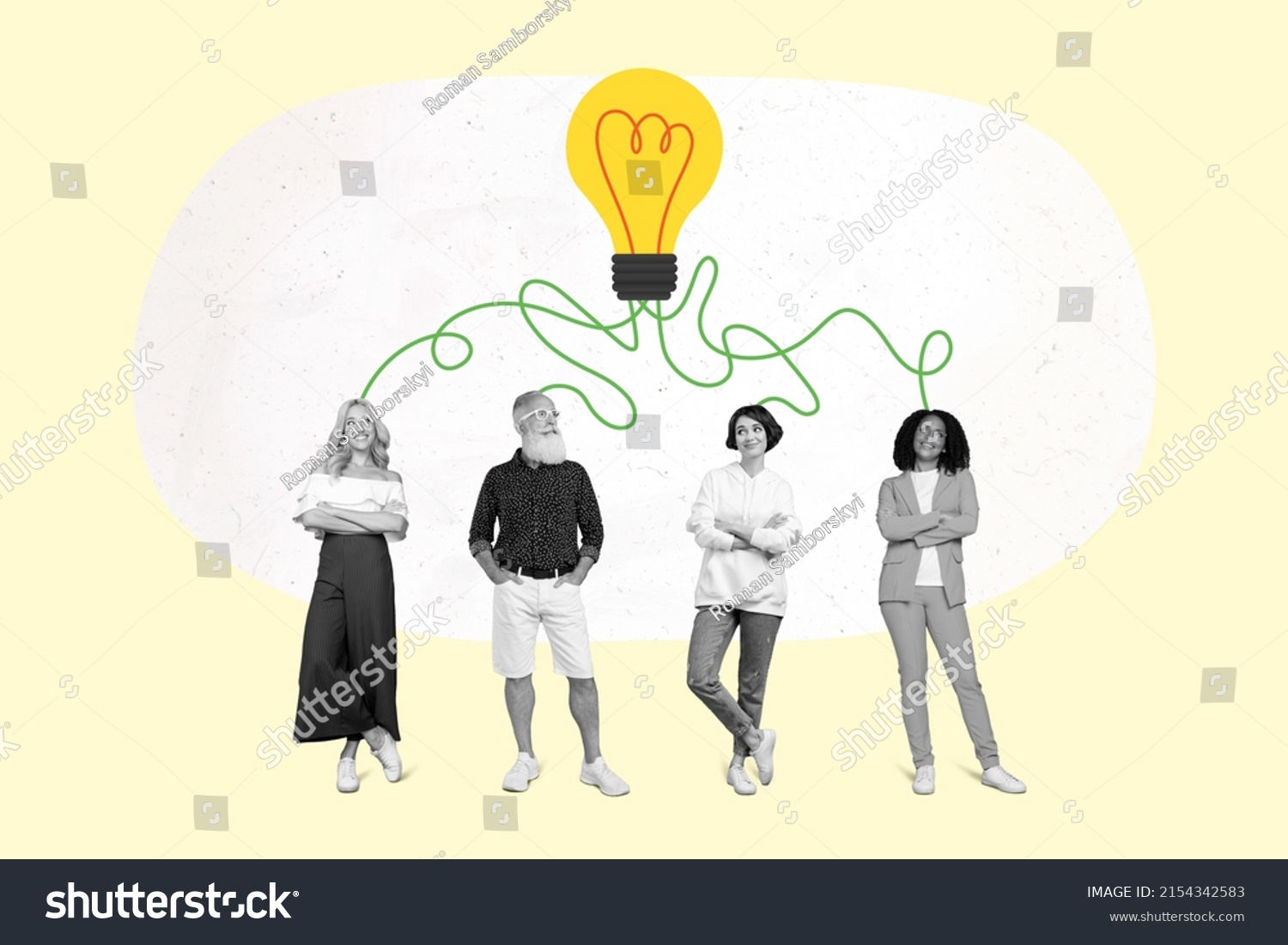 Retro artwork of black white filter people colleagues suggestions connected cartoon light bulb isolated colorful background #2154342583