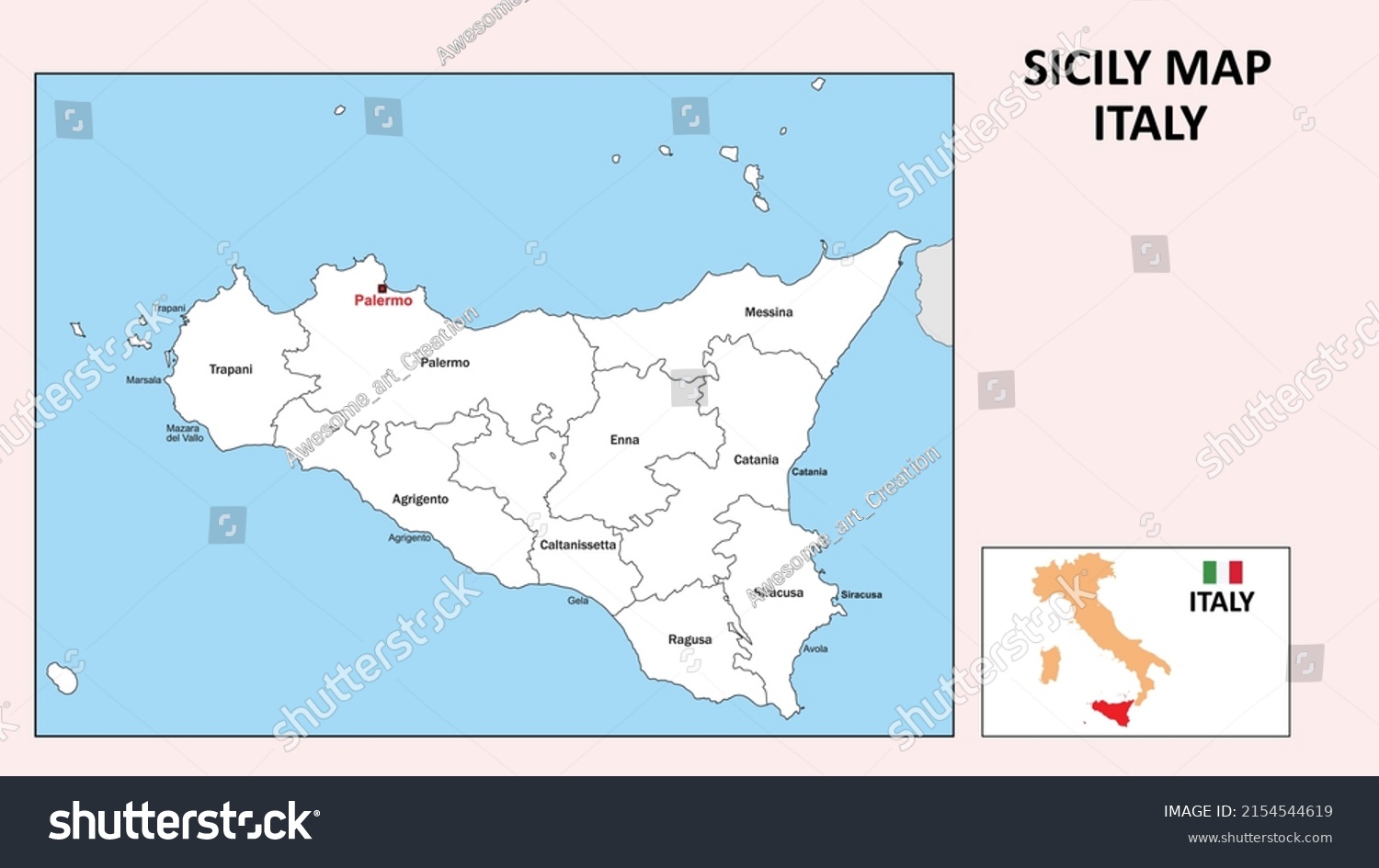 Sicily Map. Political map of Sicily with - Royalty Free Stock Vector