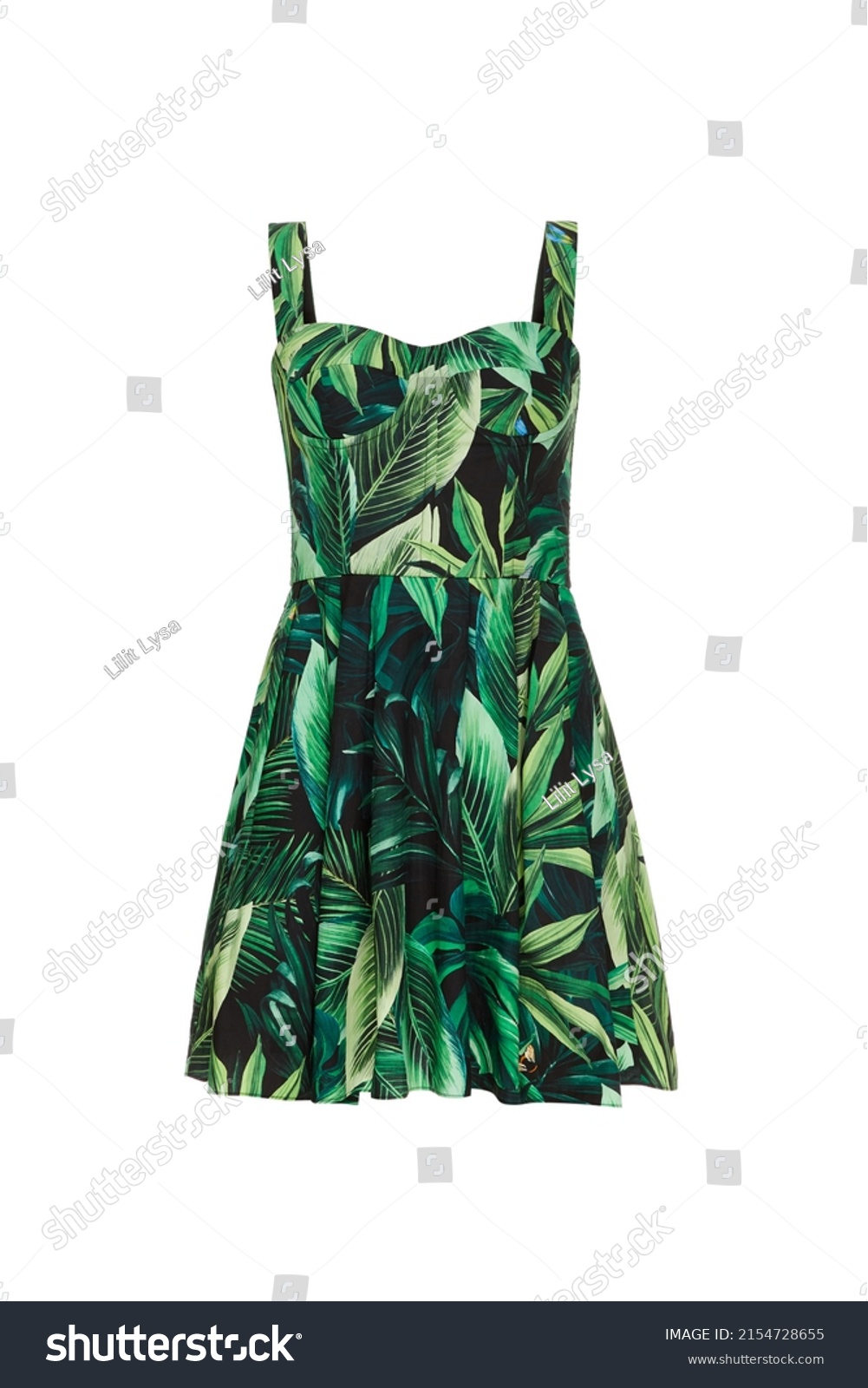 Ghost mannequin, Green women's Designer Sundress Dress Strapless without human model for female ladies in leaf flower palm print pattern isolated on white background, 3d voluminous clothing, mock up #2154728655