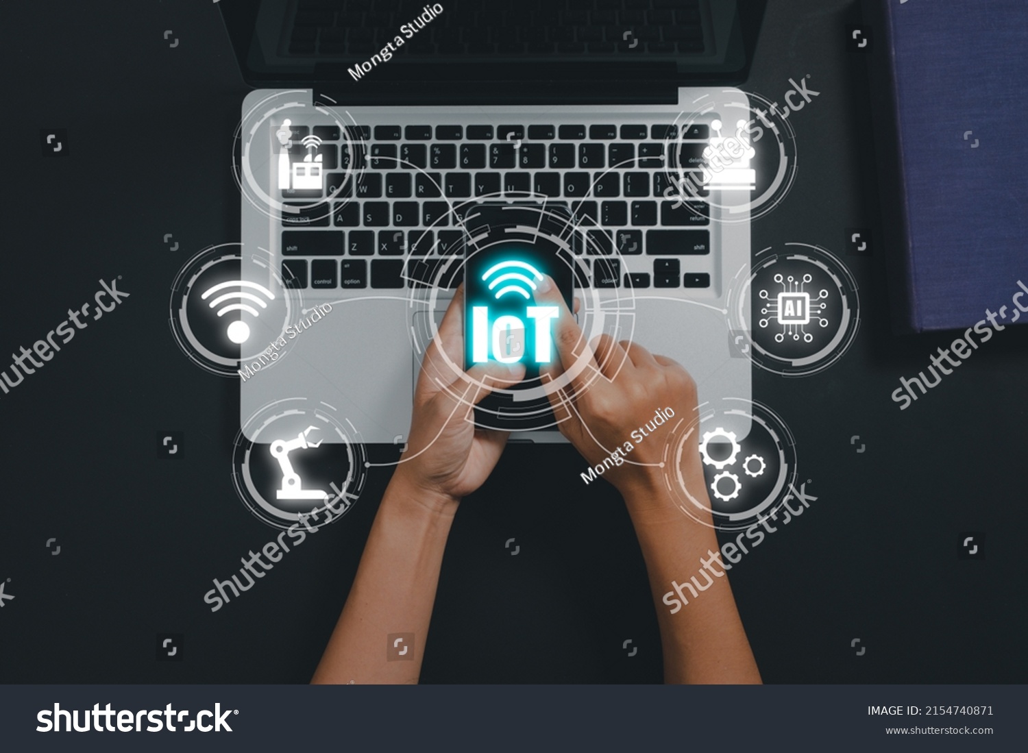 IOT Internet of things, Person hand using smart phone with VR screen Internet of things icon background, Digital transformation, Modern technology concept, Top view. #2154740871