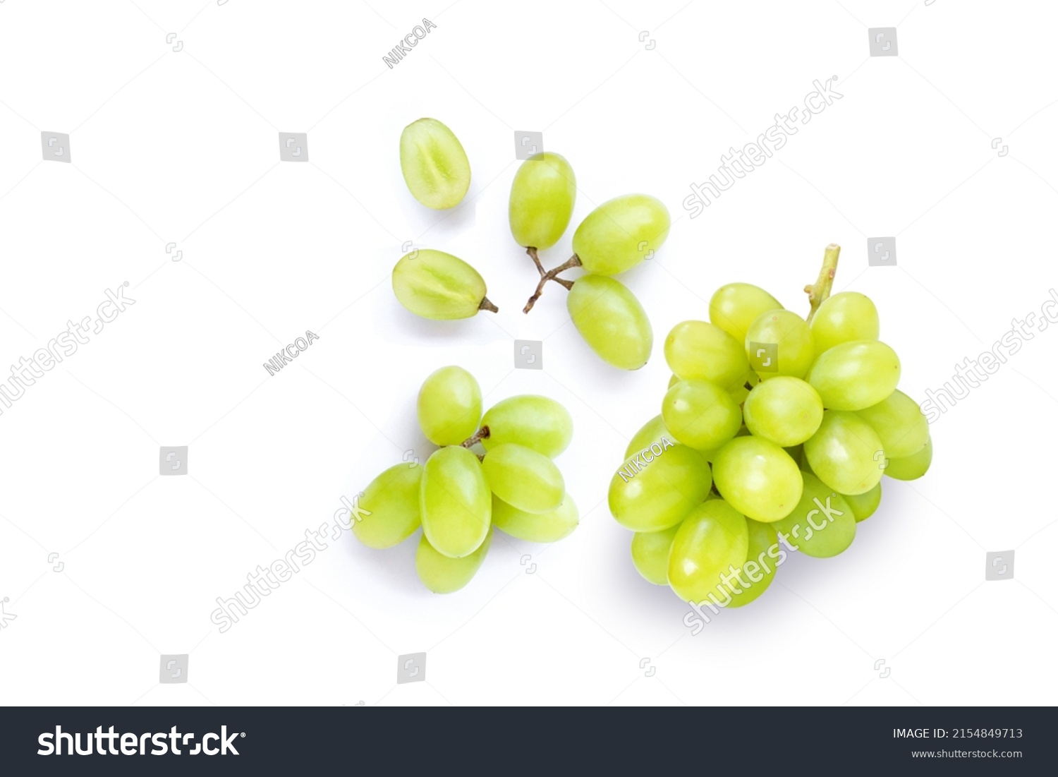Green muscat grapes and half sliced isolated on white background. Top view. Flat lay. Grape pattern texture background.  #2154849713