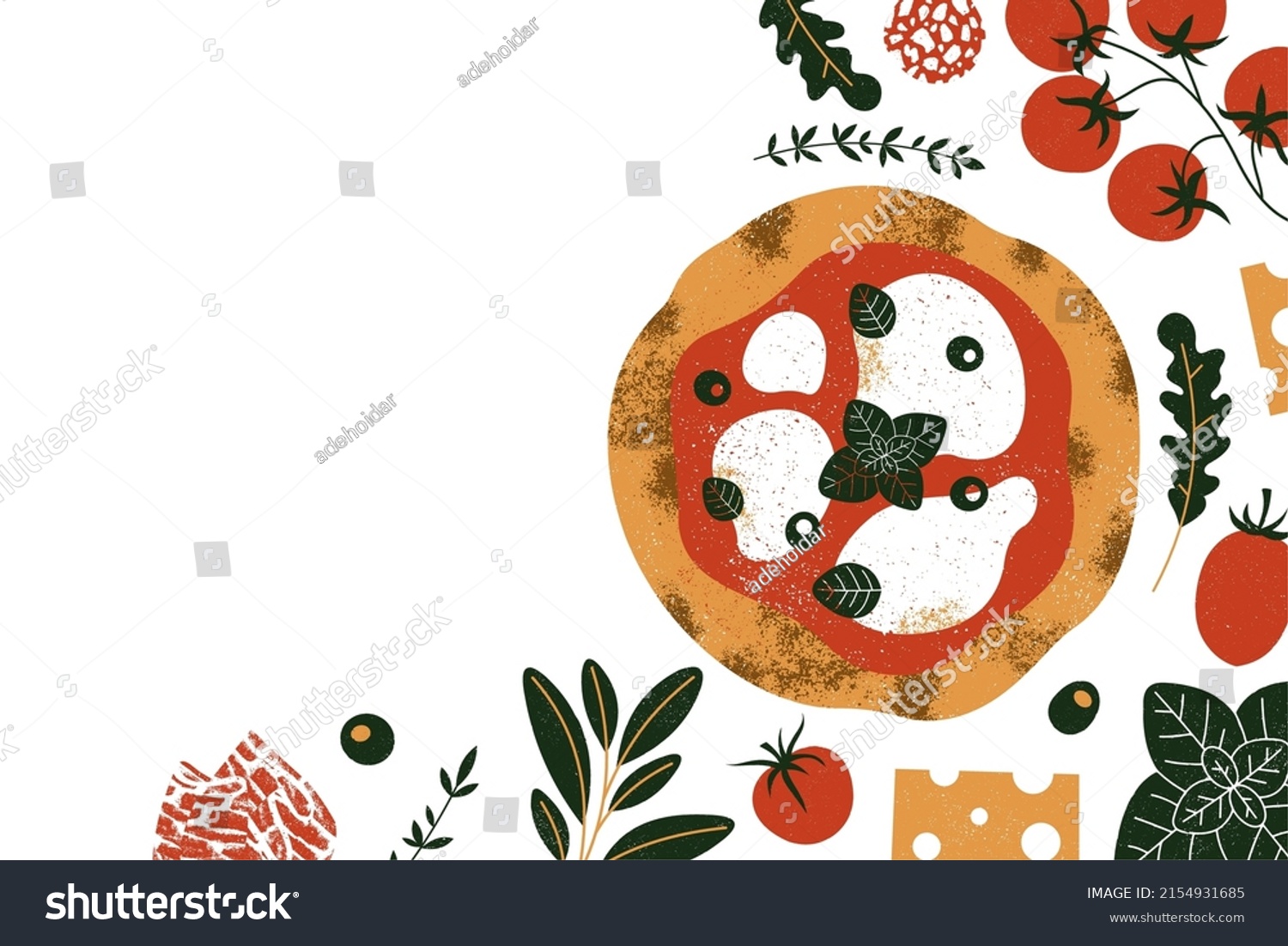 Italian pizza design template. Pizza Margherita with tomatoes and mozzarella on the white background. Vector illustration. #2154931685