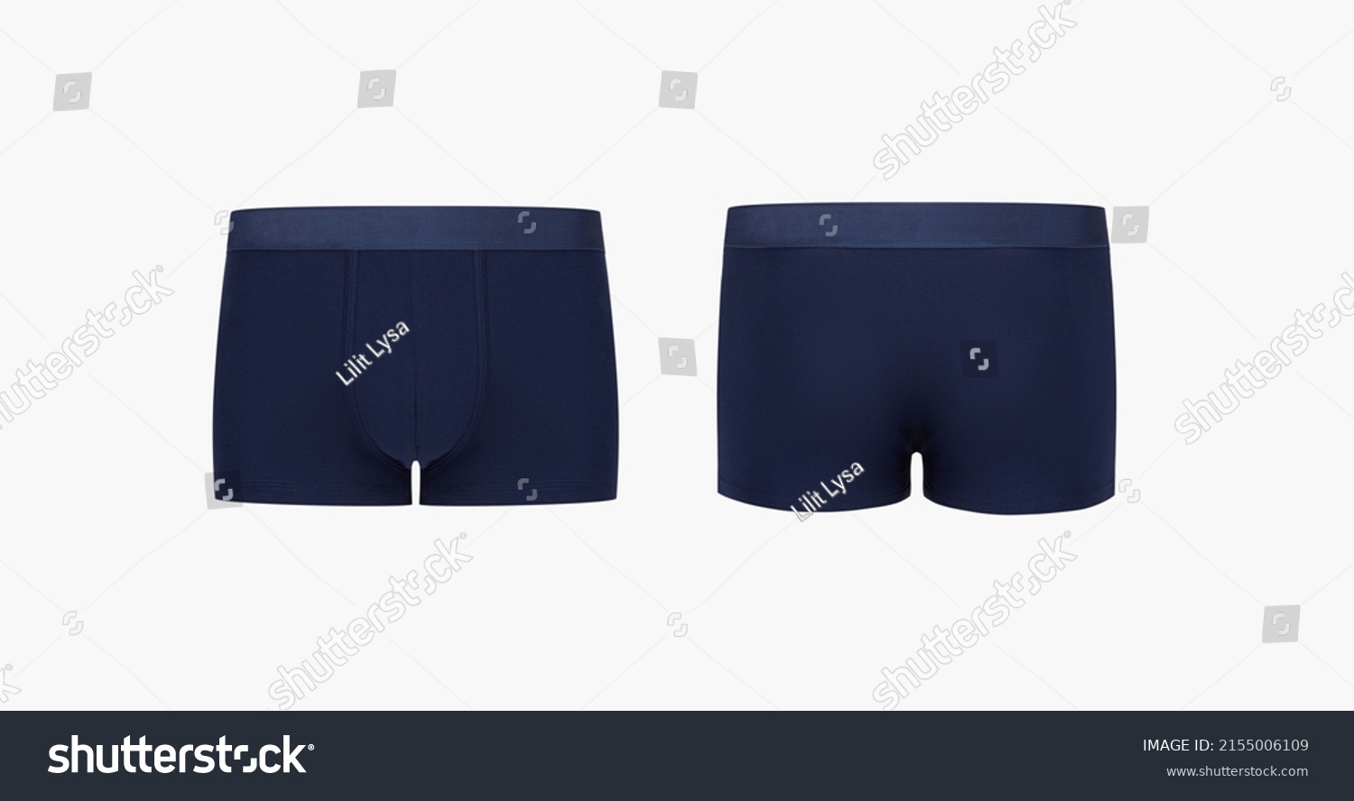 Ghost mannequin, dark blue men's classic boxer briefs isolated on white background. Male cotton underwear cutout, Man fabric voluminous trunks underpants close up, mock up, template, flat lay photo #2155006109