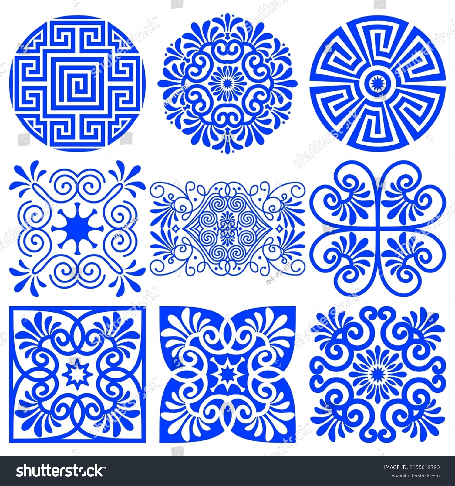Collection of vector round, square ornaments in traditional Greek style. Ethnic mediterranean blue patterns isolated on white background. For the design of logos, plates, vignettes, printing on paper #2155019793