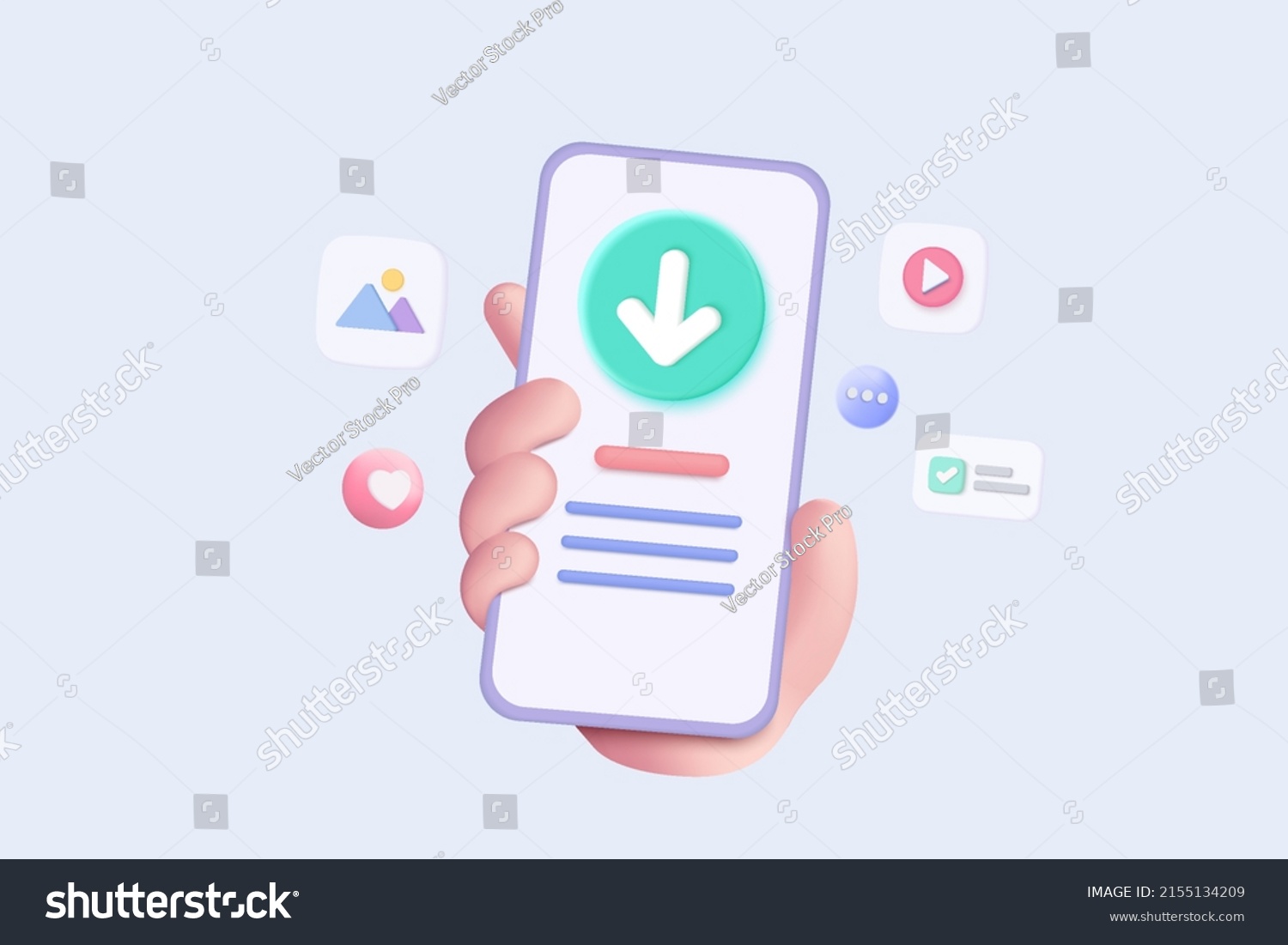 3d mobile phone in hand with download data to cloud computing concept for file sharing and data transfer system. 3d download file to app mobile phone. 3D mobile app icon vector render illustration #2155134209