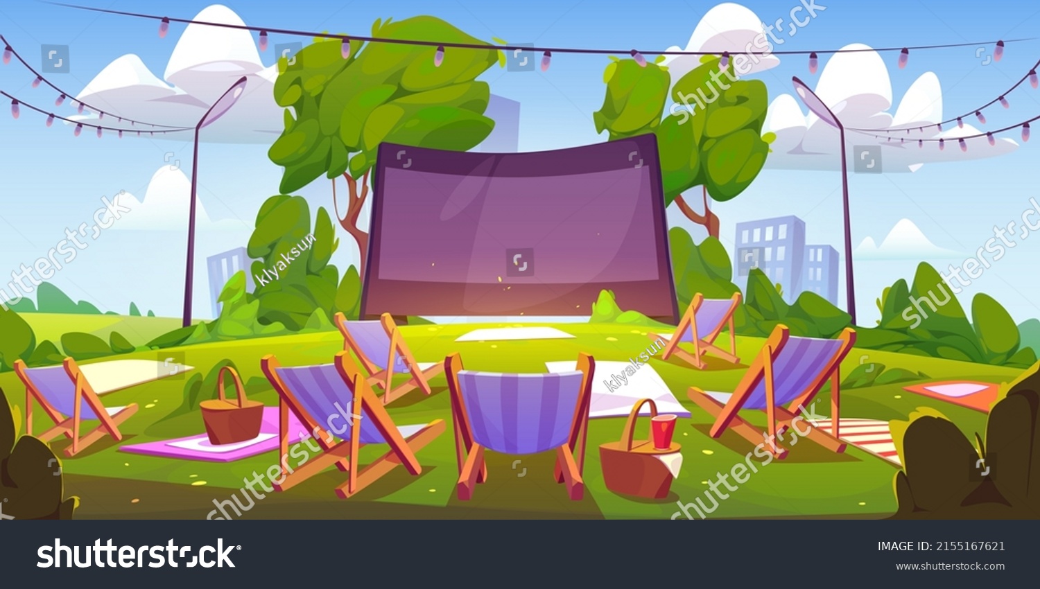 Open air cinema on green lawn in city park, garden or backyard. Vector cartoon summer landscape with empty outdoor movie theater with big screen, chaises, picnic baskets and blankets on grass #2155167621