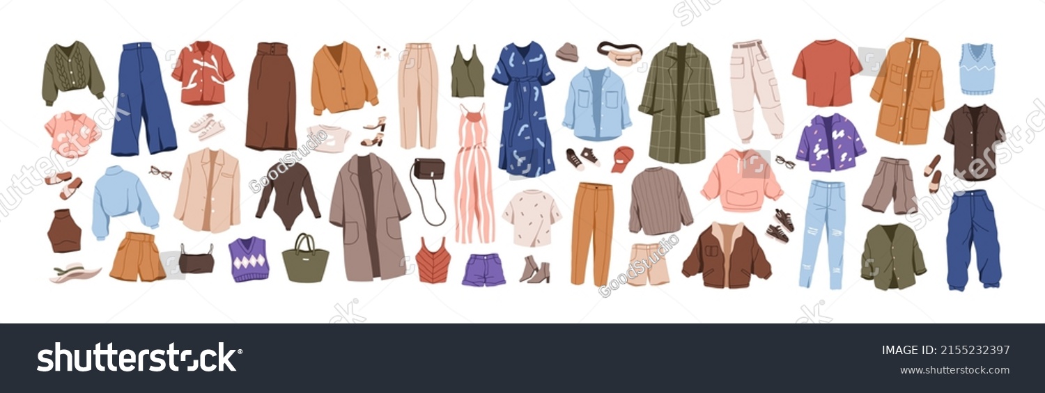 Fashion clothes set. Garment, accessory for men, women. Different apparel collection. Modern casual dress, pants, jacket, shoes and bags. Flat graphic vector illustration isolated on white background. #2155232397
